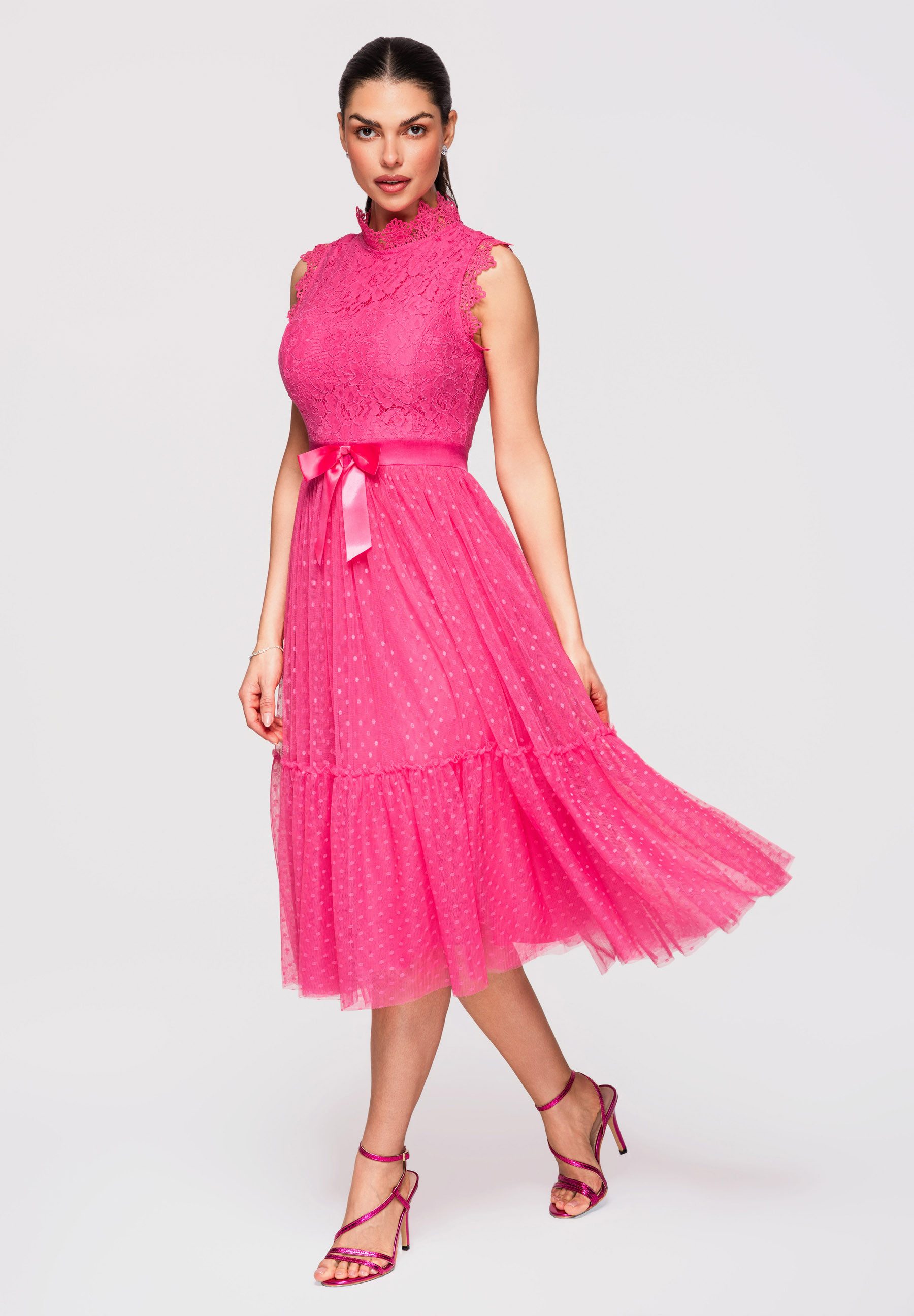 Abendkleid Damen Midikleid Spitze A-Linie Cocktailkleid Fuschia M