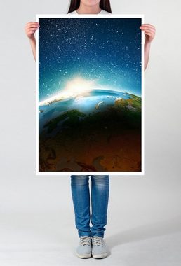 Sinus Art Poster 90x60cm Poster Fotocollage Erde mit Sonnenstrahlen im Weltall