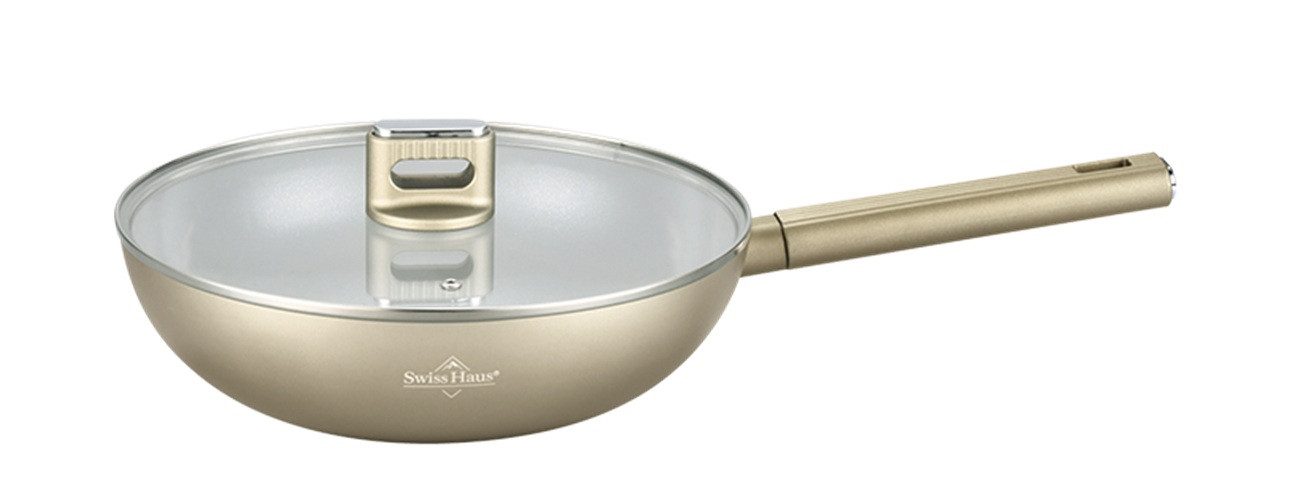 Swiss-Haus Wok Wok-Pfanne mit Glasdeckel Ø30 Antihaft Induktion Swiss Haus SH-SCW30CH, Material: Aluminium, Kunstsoff, Glas (Set bestehend aus Pfanne und Glasdeckel)
