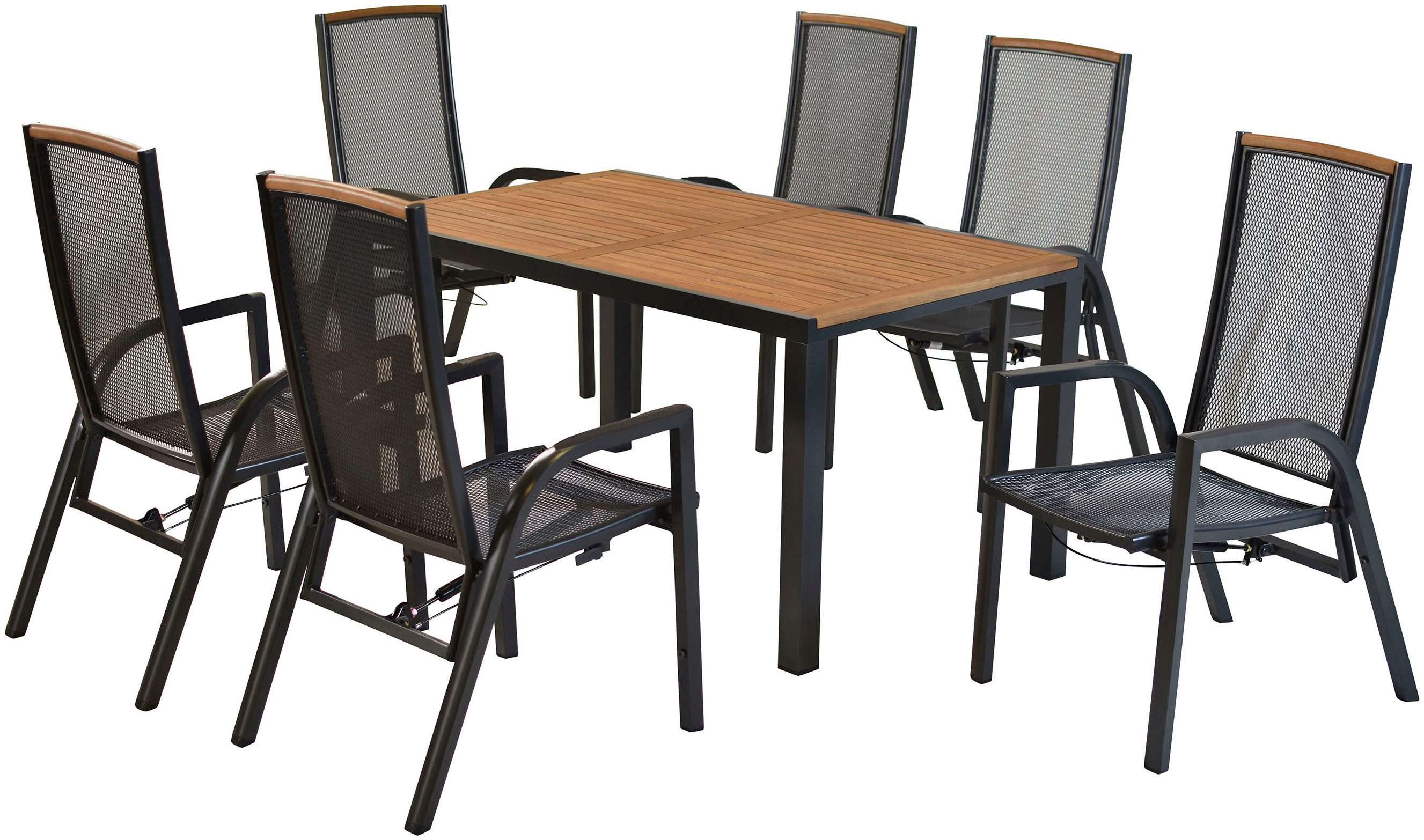 MERXX Garten-Essgruppe »Tilos«, (Set, 7-tlg., Rückenabschluss und Armlehnen aus Akazienholz), Rückenlehne verstellbar durch Gasdruckfeder