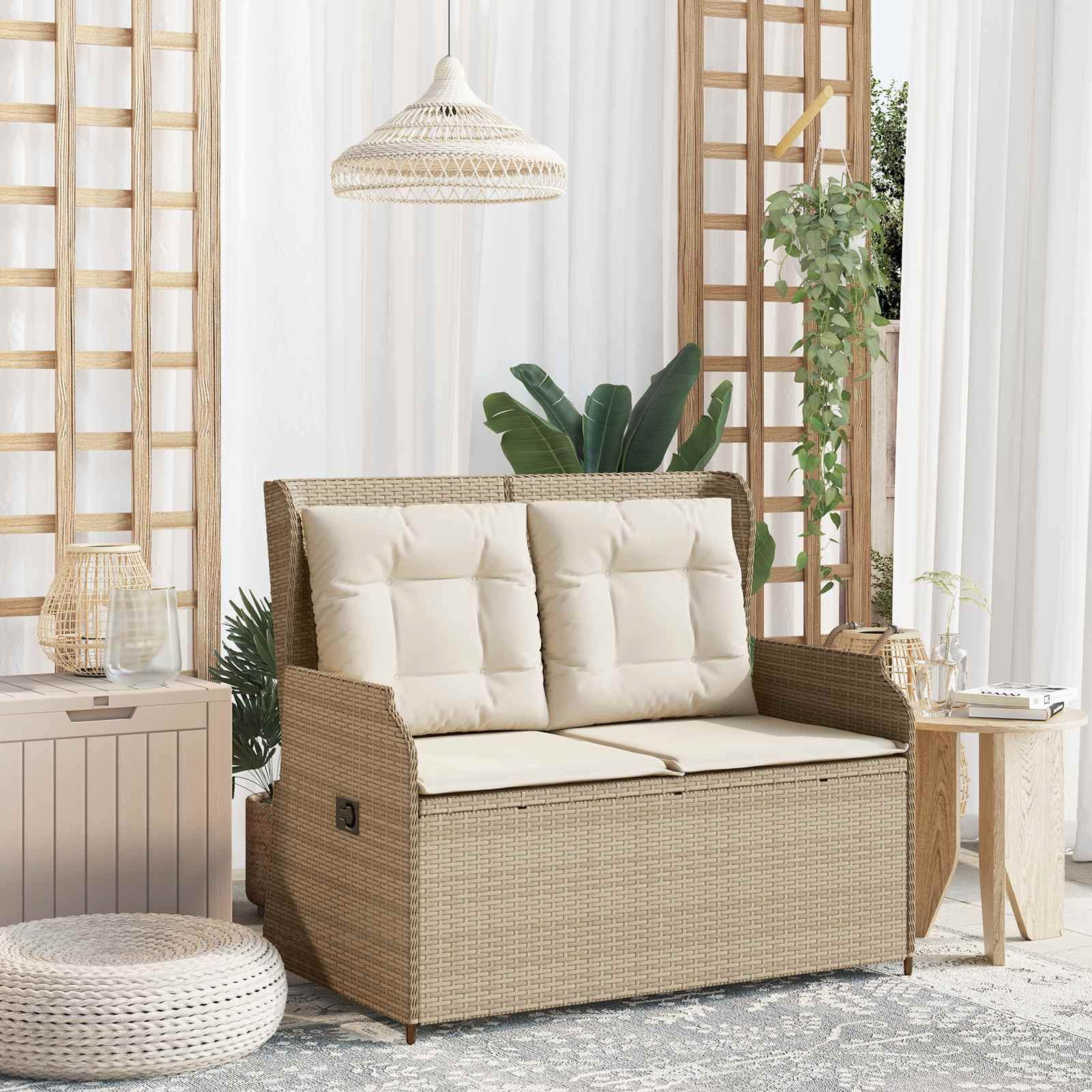 furnicato Gartenbank Reclining Poly-Rattan Beige 110x67x95 cm, Wetterbeständige Sitzbank mit verstellbaren Lehnen und weichen Kissen