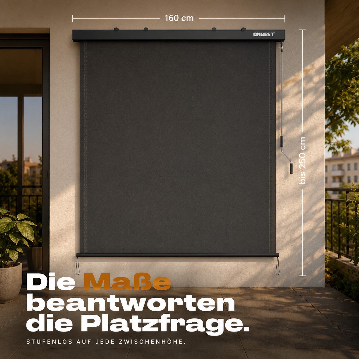 Onbest Senkrechtmarkise Vertikalmarkise mit Handkurbel inklusive Montagematerial 250 x 160 cm, Schmutzabweisend, Wetterfest, UV-Beständig
