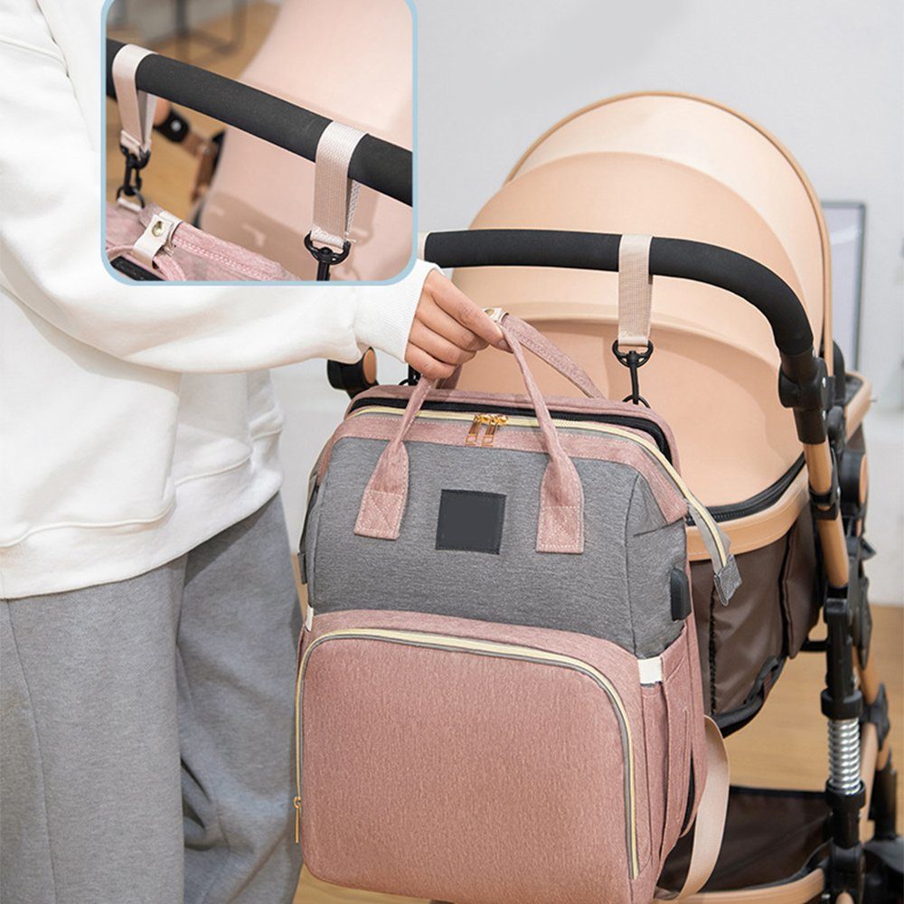 Rucksack,mit Wickeltasche Baby Wickeltasche Moskitonetz Rosa-grau und USB-Ladeanschluss NUODWELL