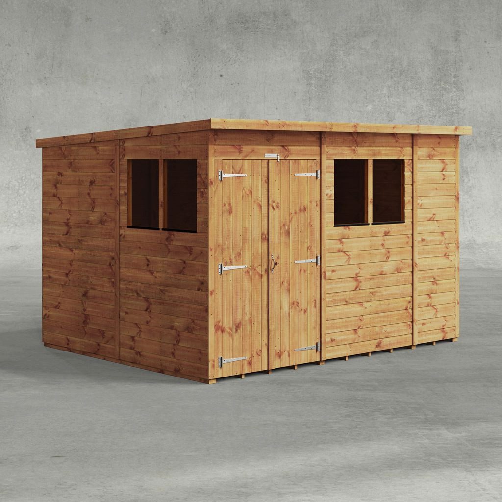 Powersheds Gartenhaus mit Pultdach aus Nut- und Feder Vollholz mit Doppeltür, BxT: 300x240 cm, (Polyester-verstärkte Dachpappe, gehärtetes Glas, hochwertiges Holz), Hochwertiges Holz