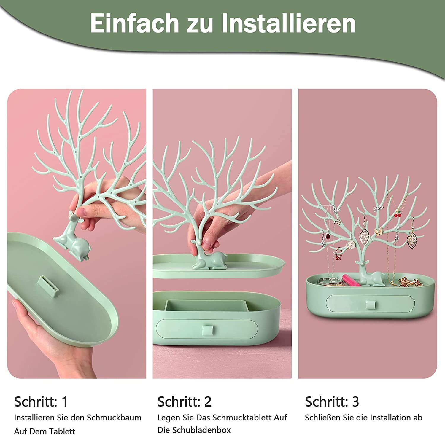 GelldG Schmuckregal Schmuckständer Mädchen Geweih Schubladen, Schmuckbaum ‎‎grün mit