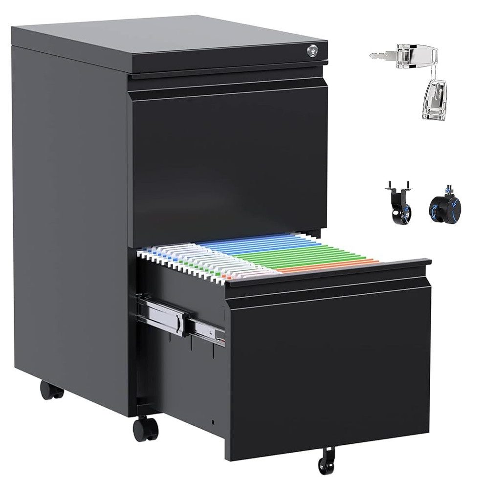 GarveeMore Aktenschrank Rollbarer mit 2 Schubladen und Schloss,60x37x44cm Geeignet für Dokumente im Format Legal/A4/Letter, Schwarz