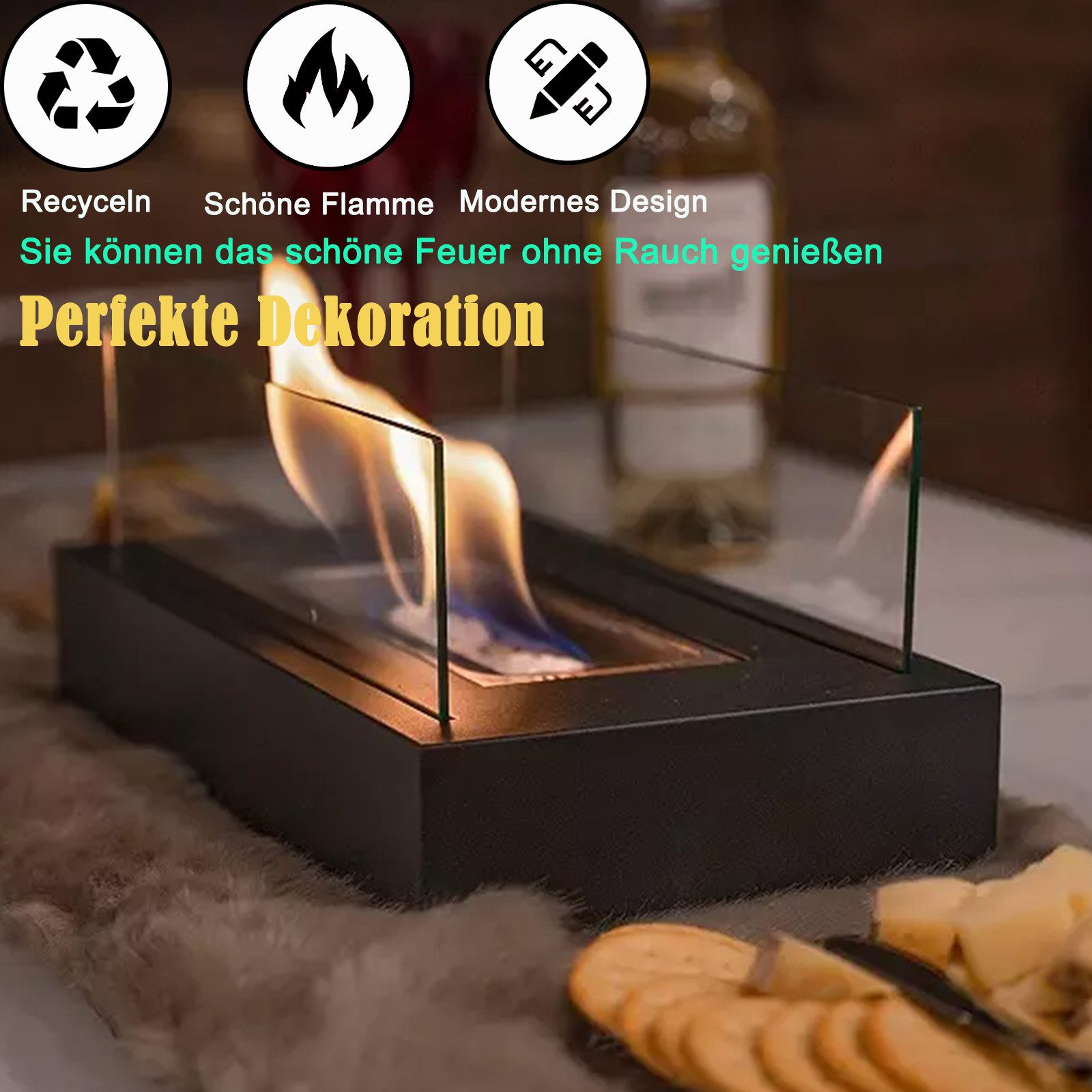 FIVMEN Tischfeuer Ethanol Tischkamin Indoor Outdoor Eckig/Rund Kamin Tischfeuerstelle (inkl Natursteinen, Unendliche Brenndauer, Balkon Deko Garten)