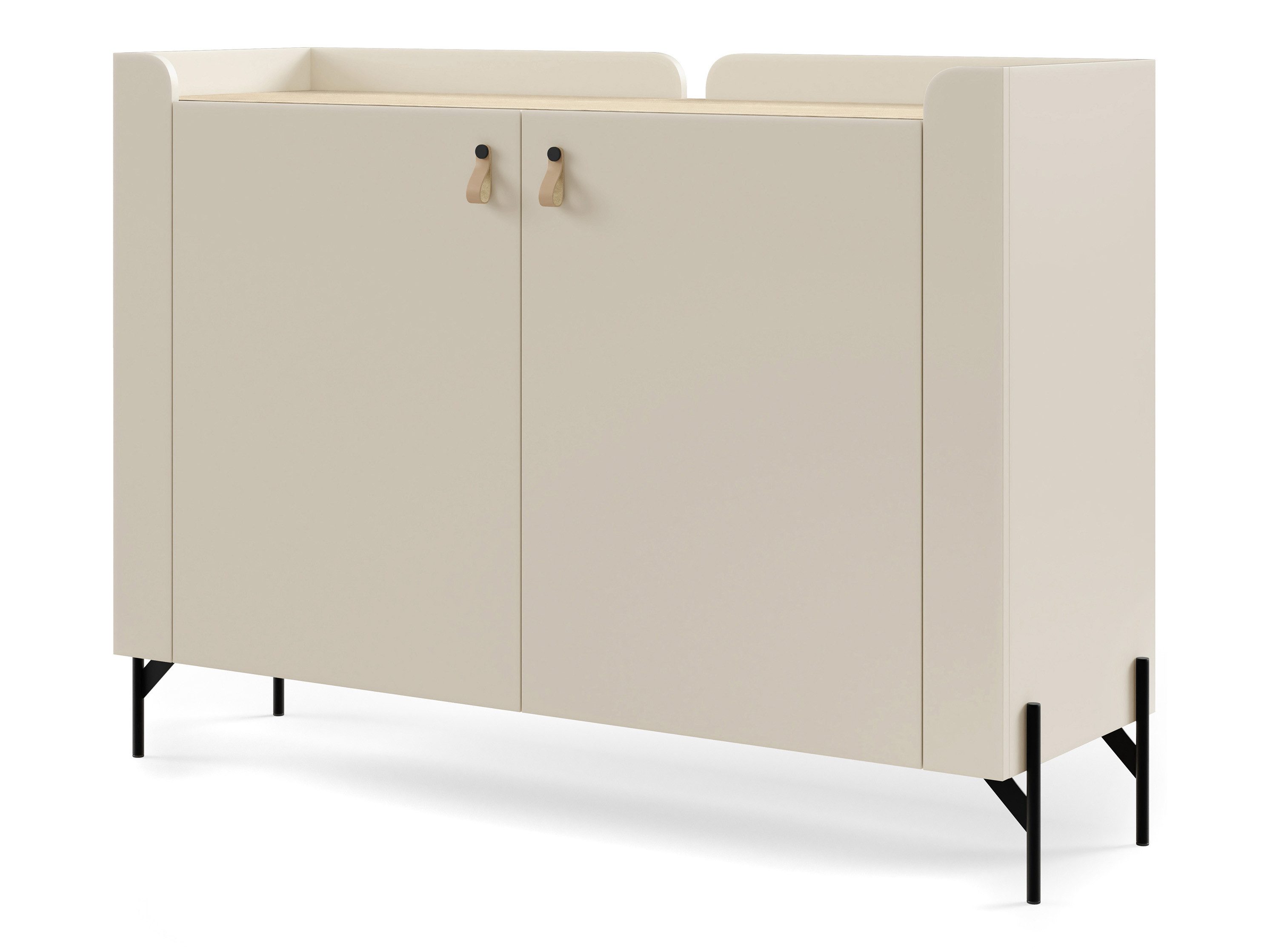 Beautysofa Kommode SORELLA 2-türig, 130 cm (Sideboard mit 4 Einlegeböden, Metallfüßen und Designergriffen aus Leder), Porcini oder Macadamia mit Eiche Mavelie