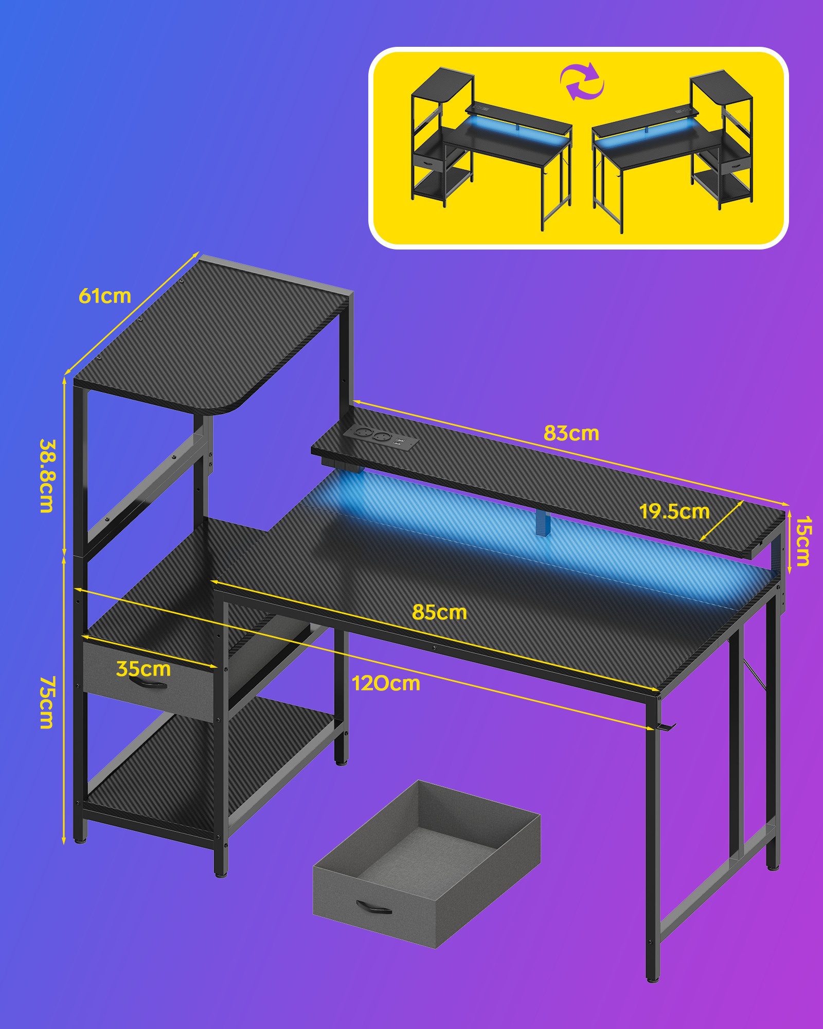 HOMALL Gamingtisch Schreibtisch mit LED-Beleuchtung und Tischplatte aus Karbonfaser (Maße: 120/140 cm, mit einer Schublade, einer Steckdose, einer Monitorhalterung und einer Kopfhörerhalterung, wobei die Halterungen sowohl links als auch rechts angebracht werden können; die Höhe der Schublade ist verstellbar)