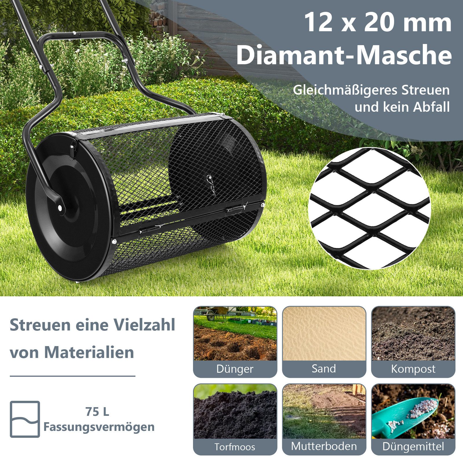 COSTWAY Streuwagen, 60 cm Arbeitsbreite, 75 l Füllmenge, (1-tlg), mit U-Griff & Mesh-Korb