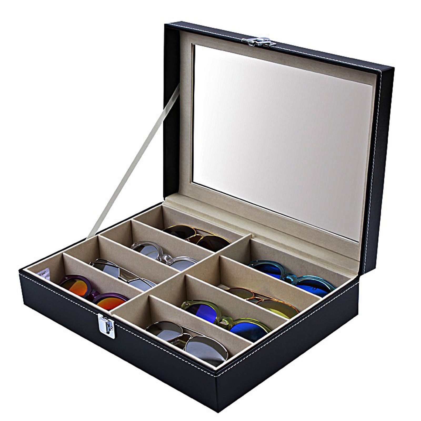 REDOM Brillenetui Brillenkoffer Brillenaufbewahrungsbox mit Glasfenster, 33.5x24.5x8.5 cm mit weichem Innenfutter und Metallverschluss
