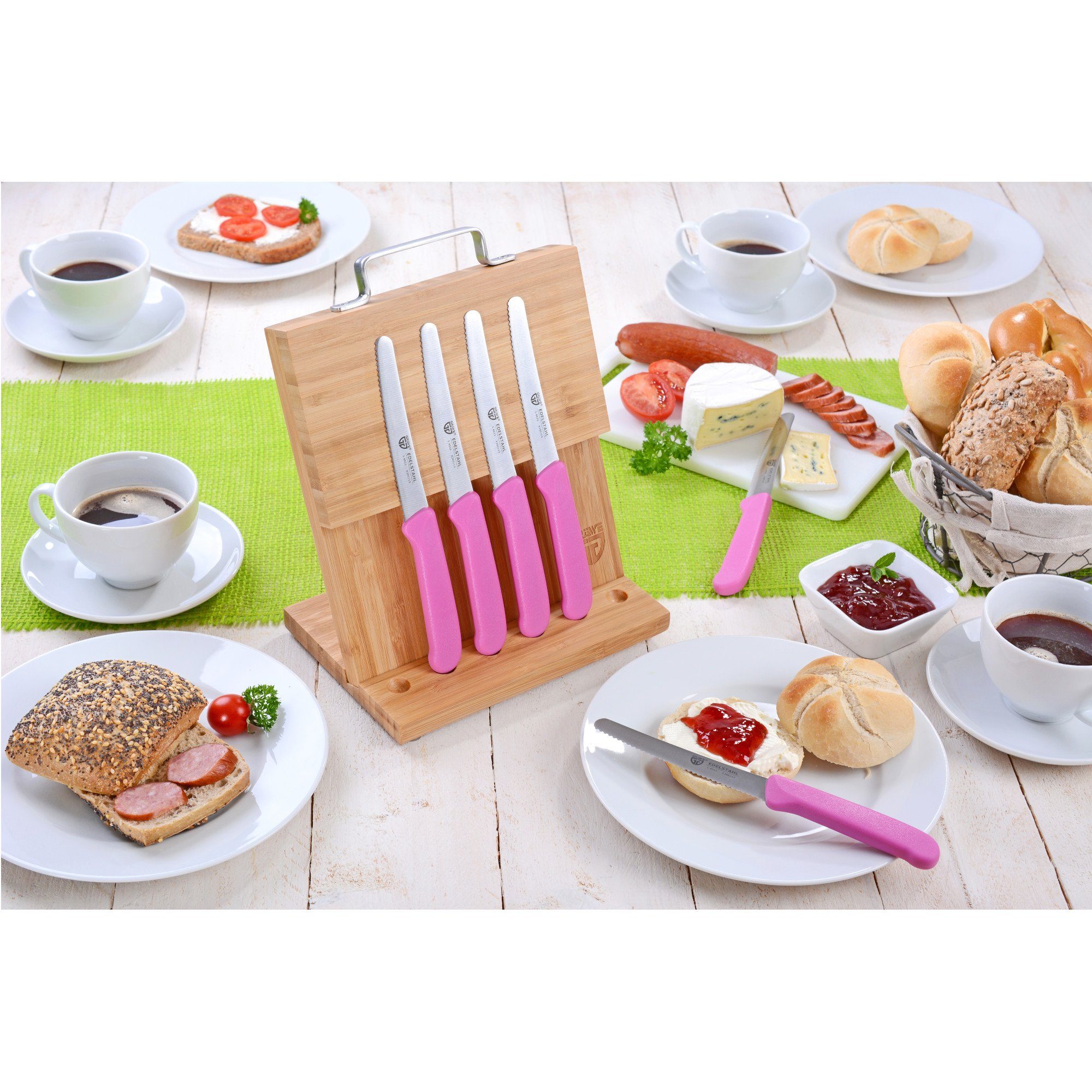 GRÄWE Messerblock Magnet-Messerhalter Bambus mit Brötchenmessern Pink, klein Natur