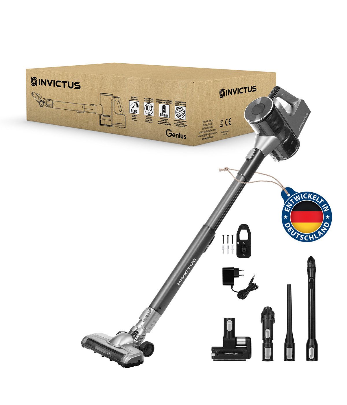 Genius Akku-Stielstaubsauger Genius Invictus X6 Ultra Akku Handstaubsauger 16 tlg., 450 W, beutellos, Quick-Clean-Funktion: Staubbehälterentleerung per Knopfdruck