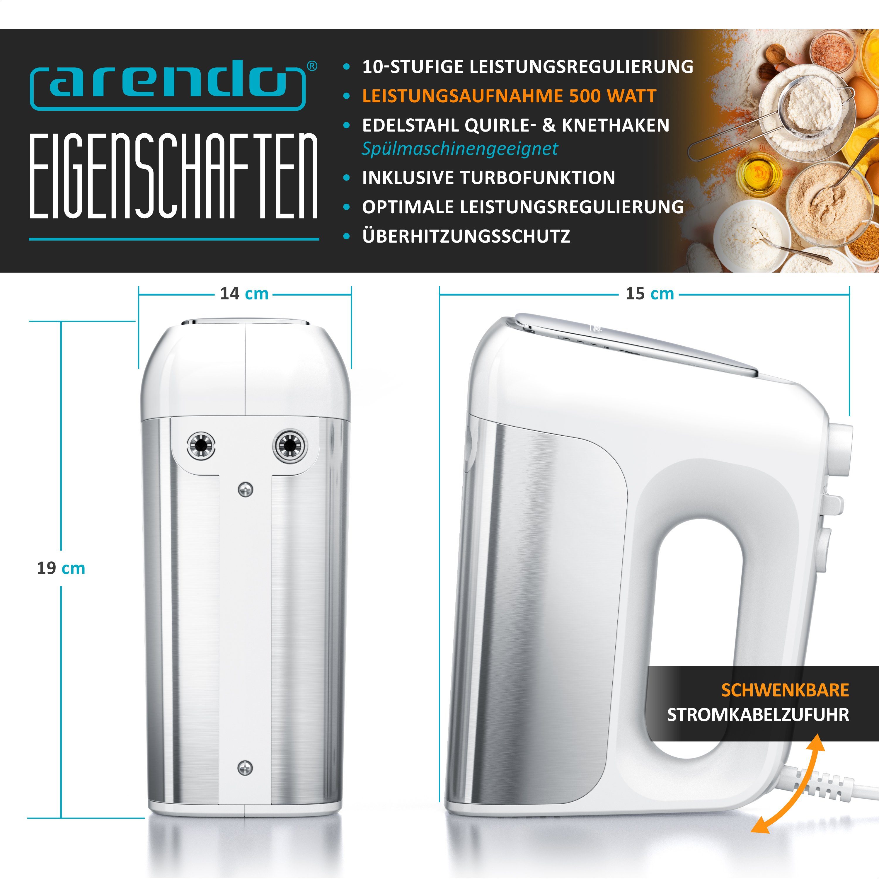 Arendo Handmixer Elektrischer Handrührer inkl. 2 Rührbesen & 2 Knethaken, Handrührgerät, 500 W, Edelstahl, Hakenentriegelung, Turbotaste, Thermosicherung