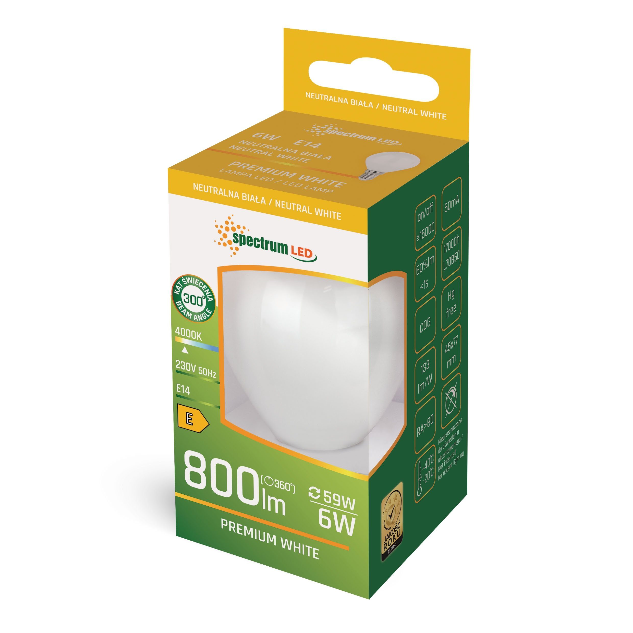 spectrum LED LED-Leuchtmittel LED G45 300° Neutralweiß Filament E14 800lm 6W=59W 4000K, E14, Tropfen Neutralweiß Matt