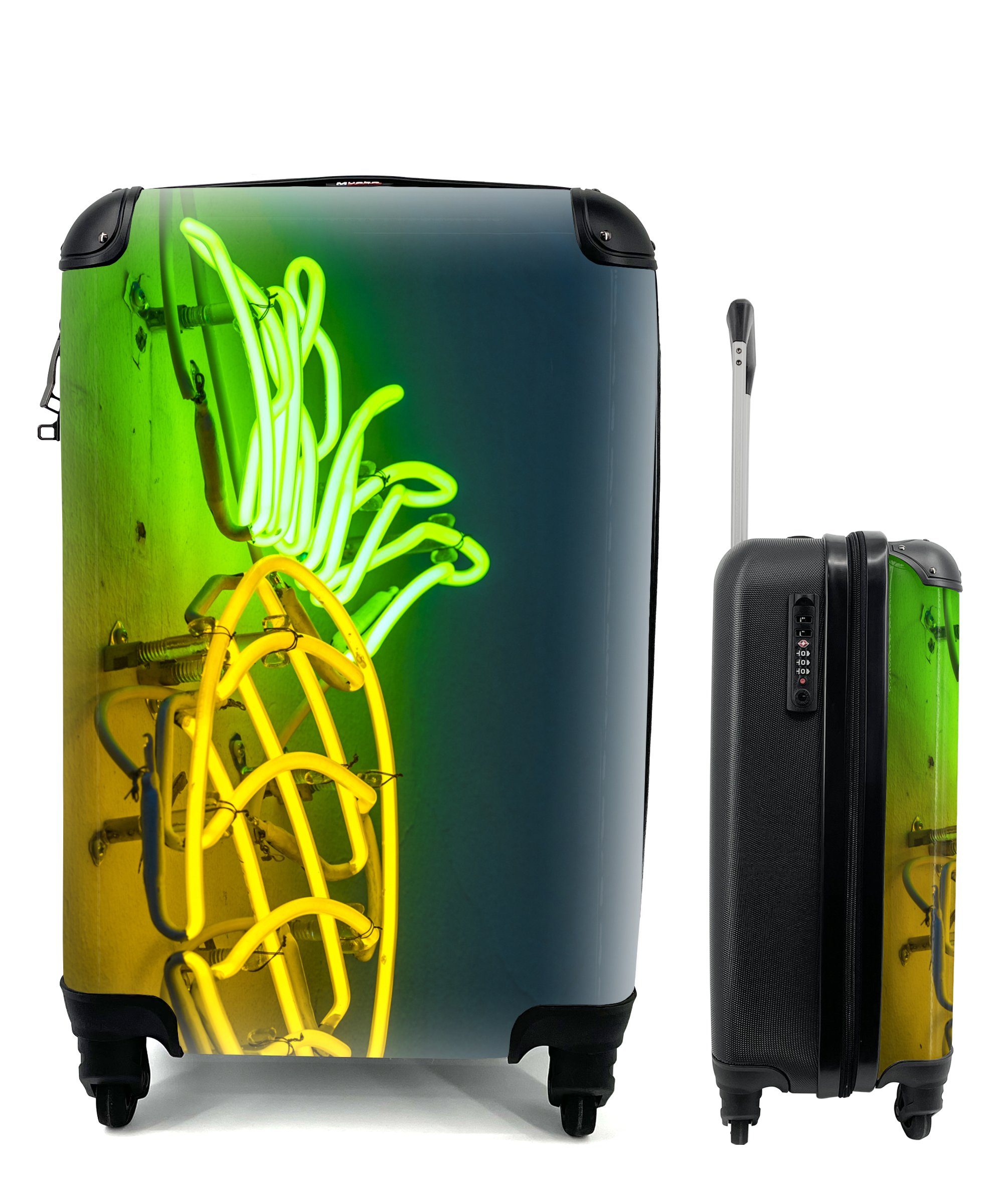MuchoWow Handgepäckkoffer Ananas - Neon - Lampe, 4 Rollen, Reisetasche mit rollen, Handgepäck für Ferien, Trolley, Reisekoffer