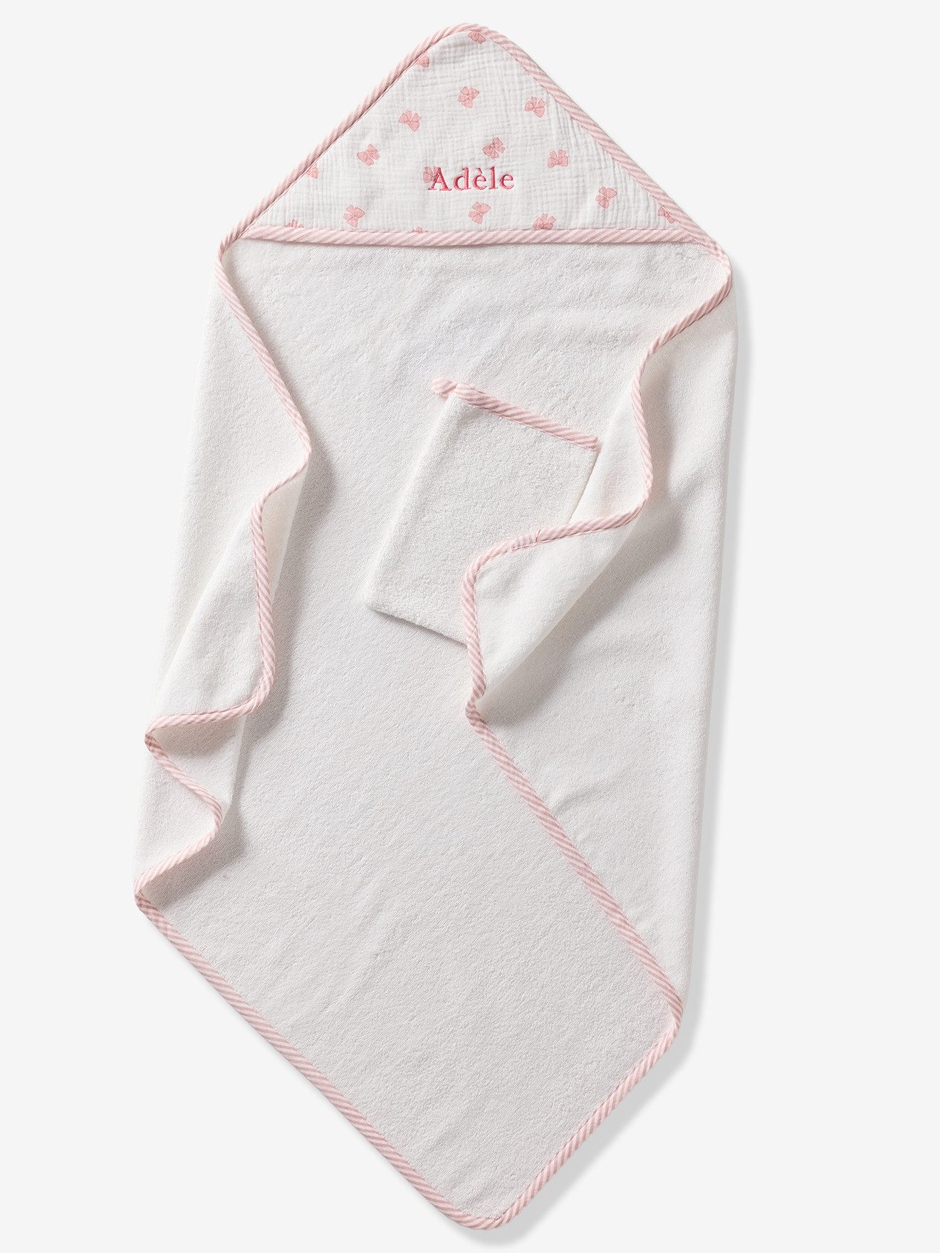 vertbaudet Kapuzenhandtuch Set aus Badecape & Waschhandschuh Baby SCHLEIFE