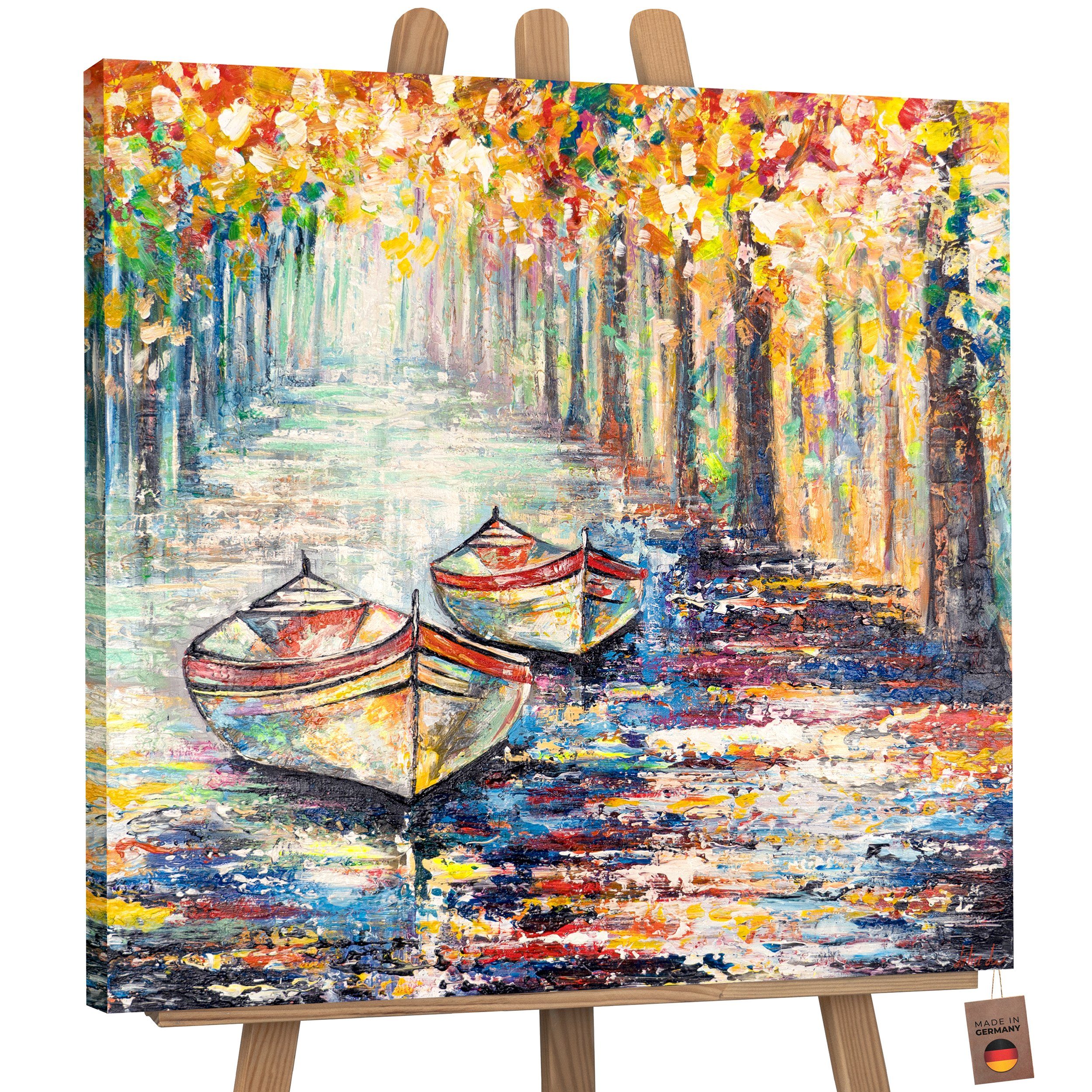 YS-Art Gemälde Herbstlicher Bild Landschaft, Handgemalt Baum Ohne Anlegeplatz, Bunt Schattenfugenrahmen Leinwand Segelboote