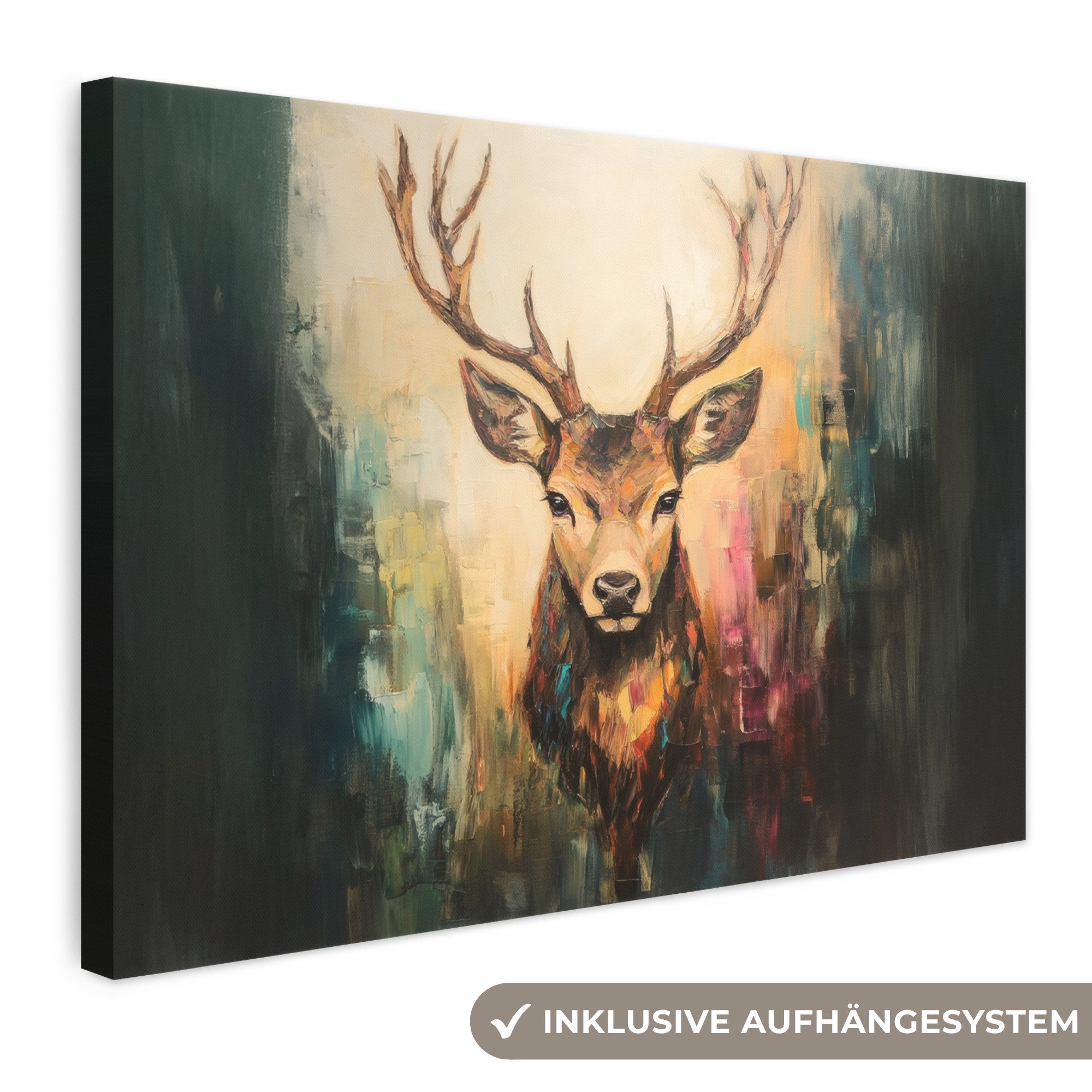 OneMillionCanvasses® Leinwandbild Hirsch - Gemalt - Geweih - Braun, Fotodruck (1 St), Leinwand Bilder Klein, Wand Dekoration Aesthetic 30x20 cm
