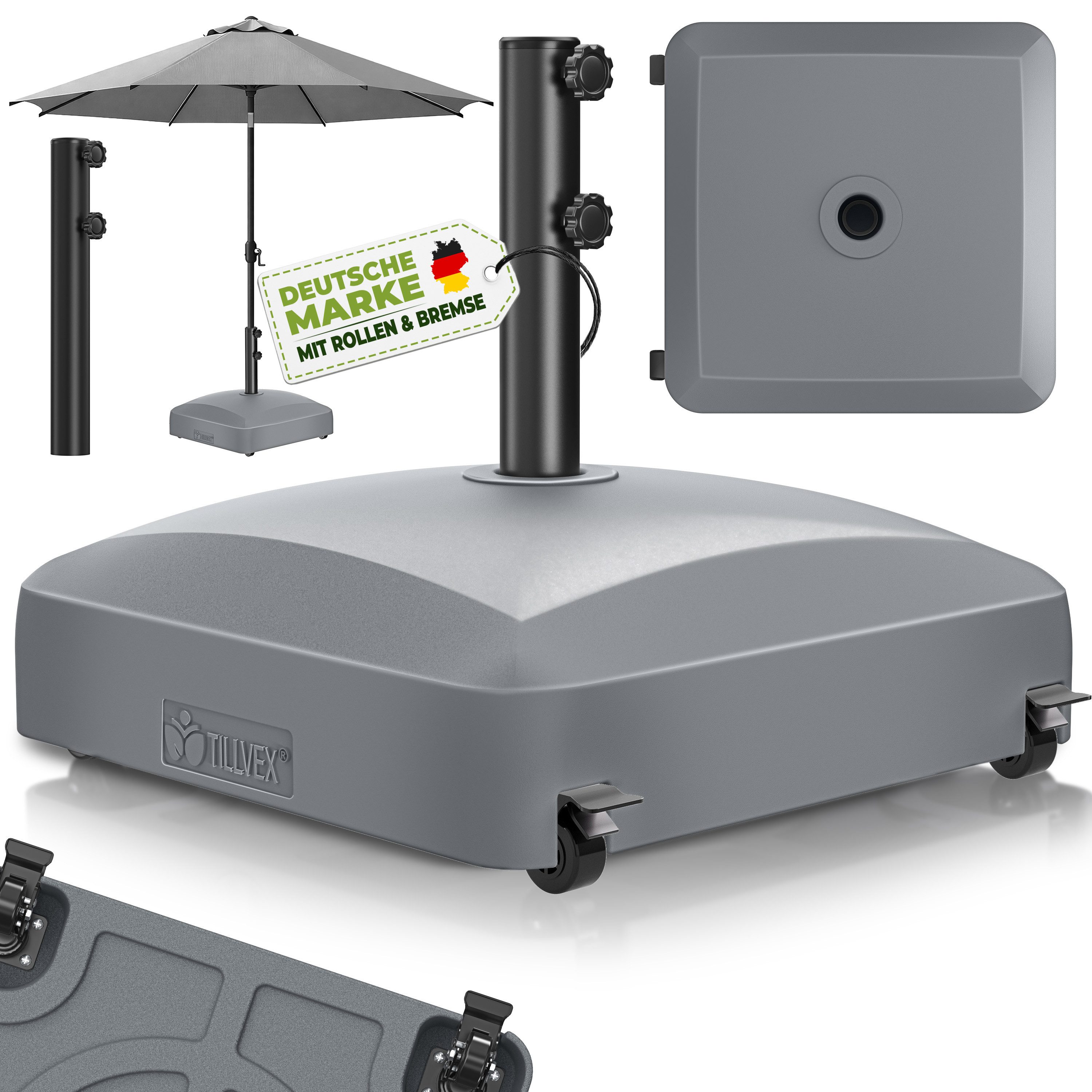 tillvex Sonnenschirm tillvex® Sonnenschirmständer PAVERA mit Rollen & Bremsen, Schirmständ, & Marktschirm Ø 1,8-3,7m, Ampelschirmständer wetterfest, Schirmständer befüllbar 37 Liter / 56 kg Schirmgewicht Sonnenschirm, Sonnenschirmständer PAVERA mit Rollen & Bremsen