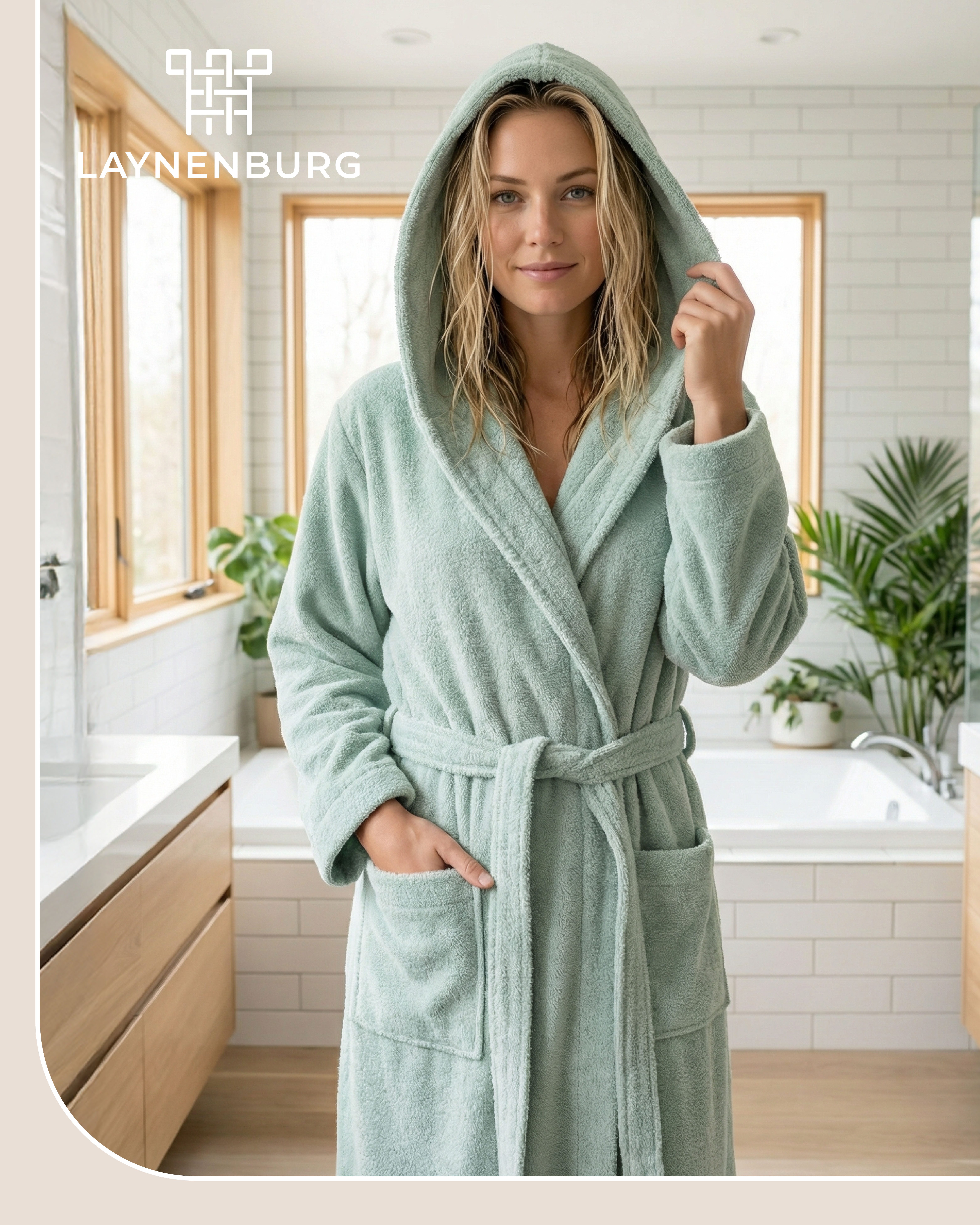 Laynenburg Damenbademantel Bademantel Damen mit Kapuze aus 100% Baumwolle Frottee, mit Gürtel, aufgesetzten Taschen, Waden-lang für Spa, Sauna, S-XXXL