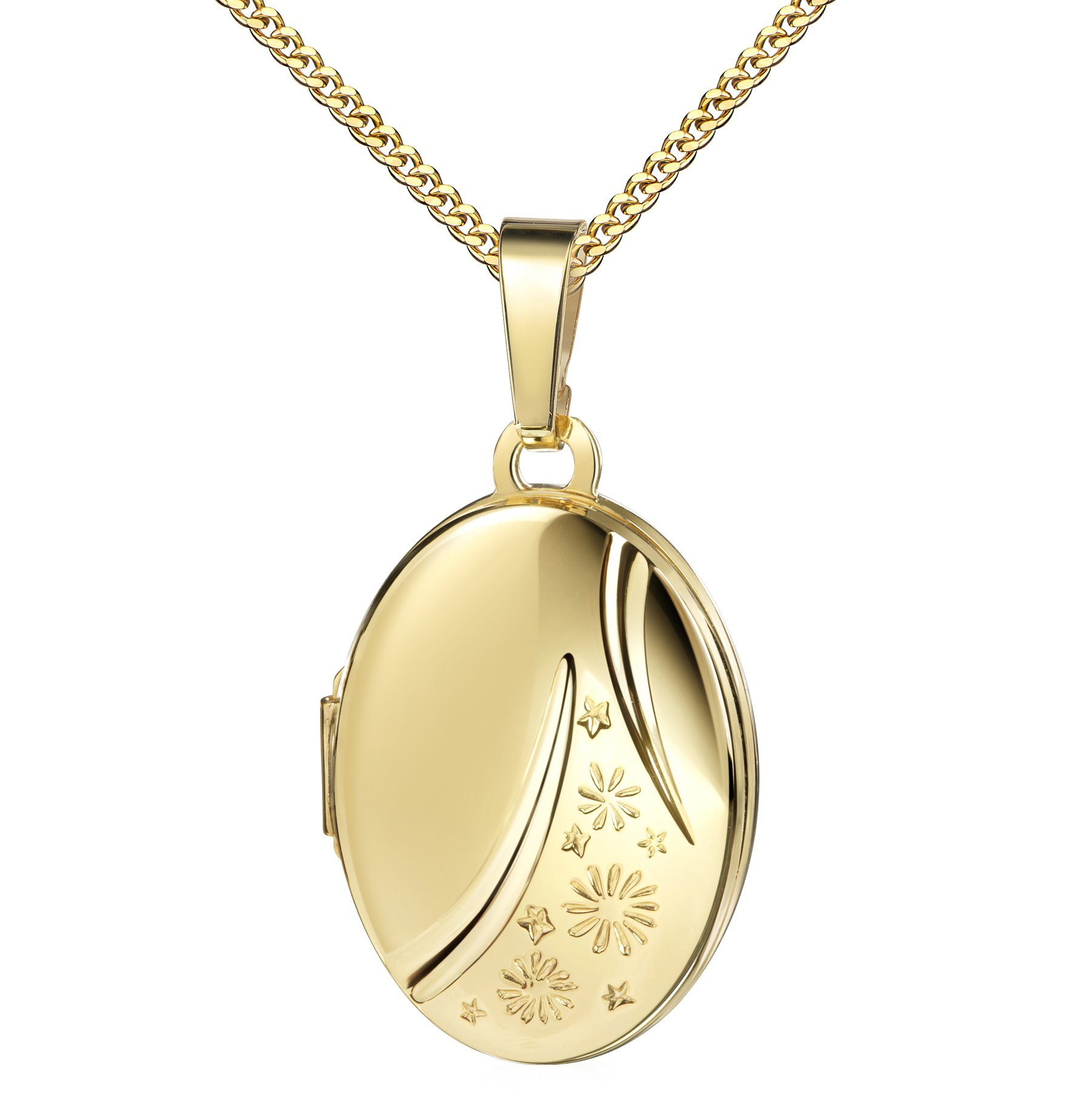 JEVELION Kette mit Anhänger Medaillon 333 Gold ovales Amulett zum Öffnen  für 2 Bilder (Amulettanhänger aus Gold, für Damen und Mädchen), Mit Kette  vergoldet - Länge wählbar 36 - 70 cm oder ohne Kette.