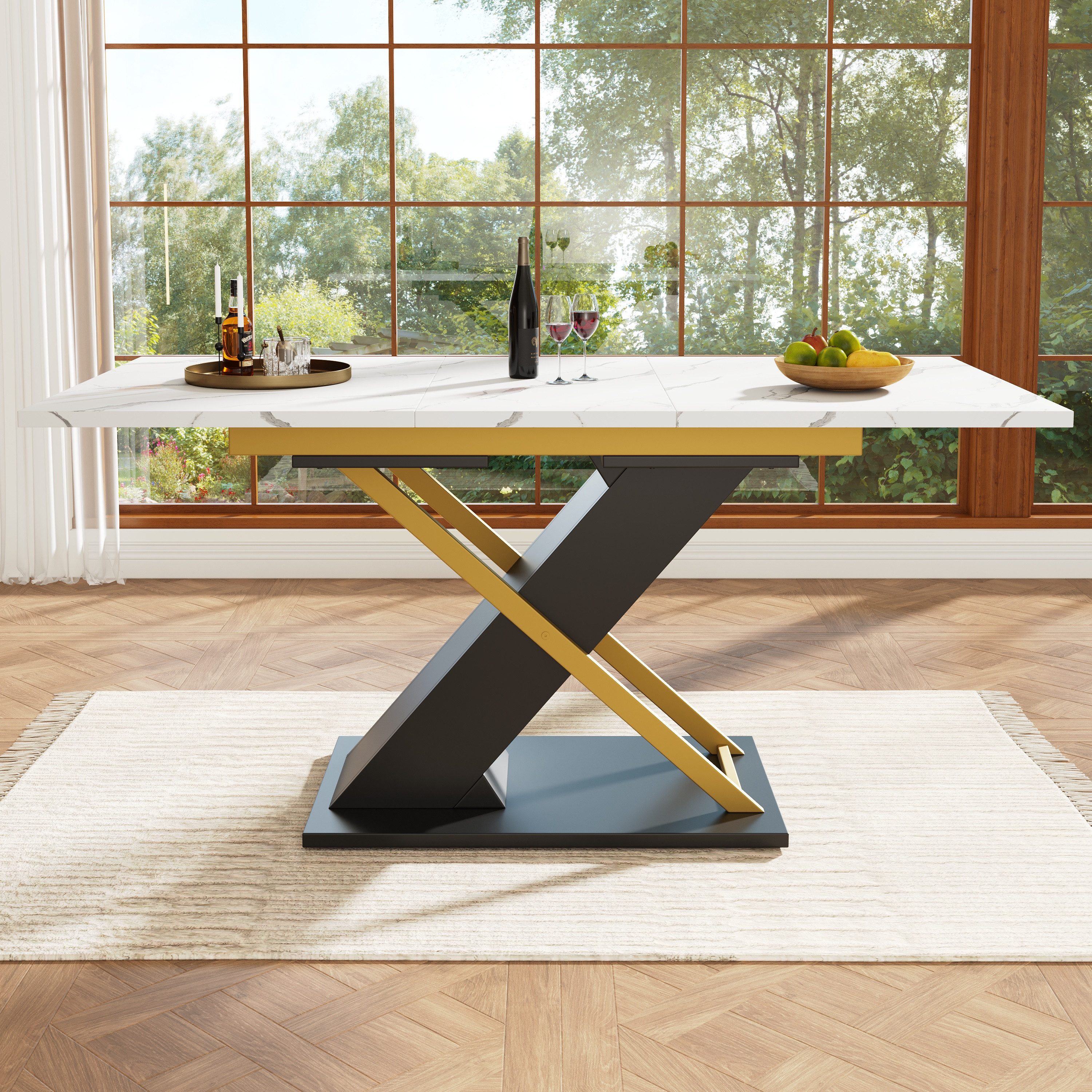 OKWISH Esstisch Moderne Esstisch,mit Marmoroptik (Modischer Ausziehtisch mit Marmormuster (120–160x80 cm), Platzsparend, goldene Kreuzbeine & stabil, Perfekt für Küche & Wohnzimmer, für 6 Personen)