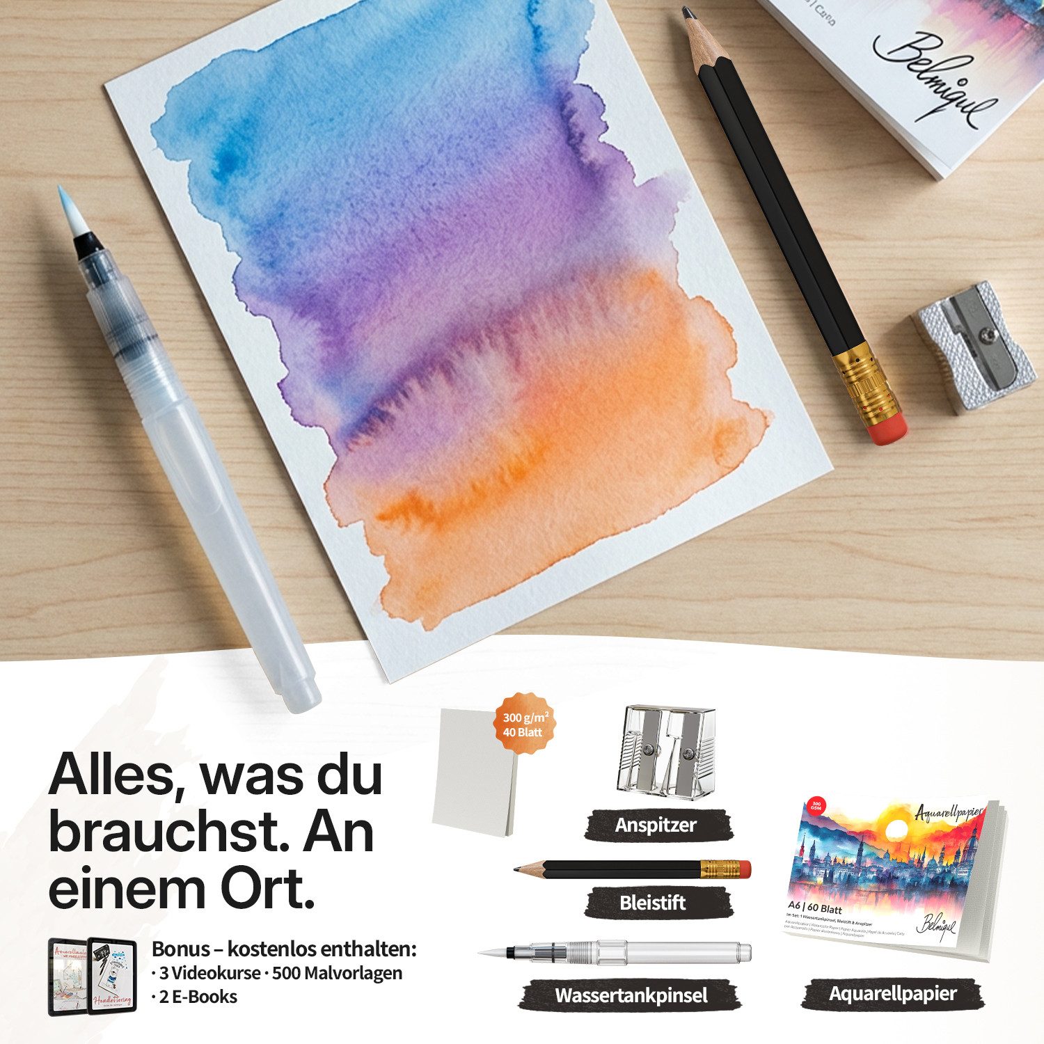 Belmique Aquarellpapier Aquarell Block mit rauer & glatter Oberfläche 300 g/m², inkl. Zubehör und Videokurs – Bild 2 von 5