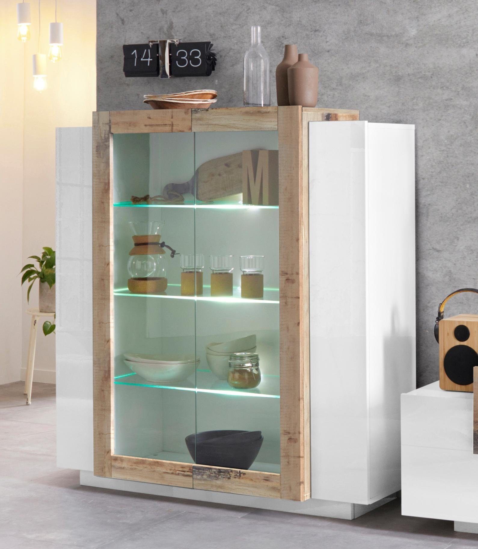 Tecnos Vitrine Coro Höhe 126 cm weiss/ahorn | Vitrinenschränke