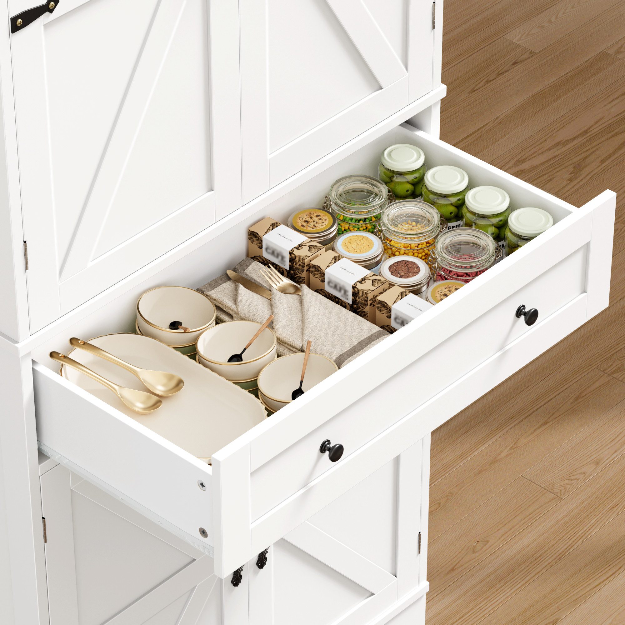 HOMECHO Küchenbuffet 180 cm Hoch Küchenschrank mit 4 Türen und Schubladen – Bild 4 von 5