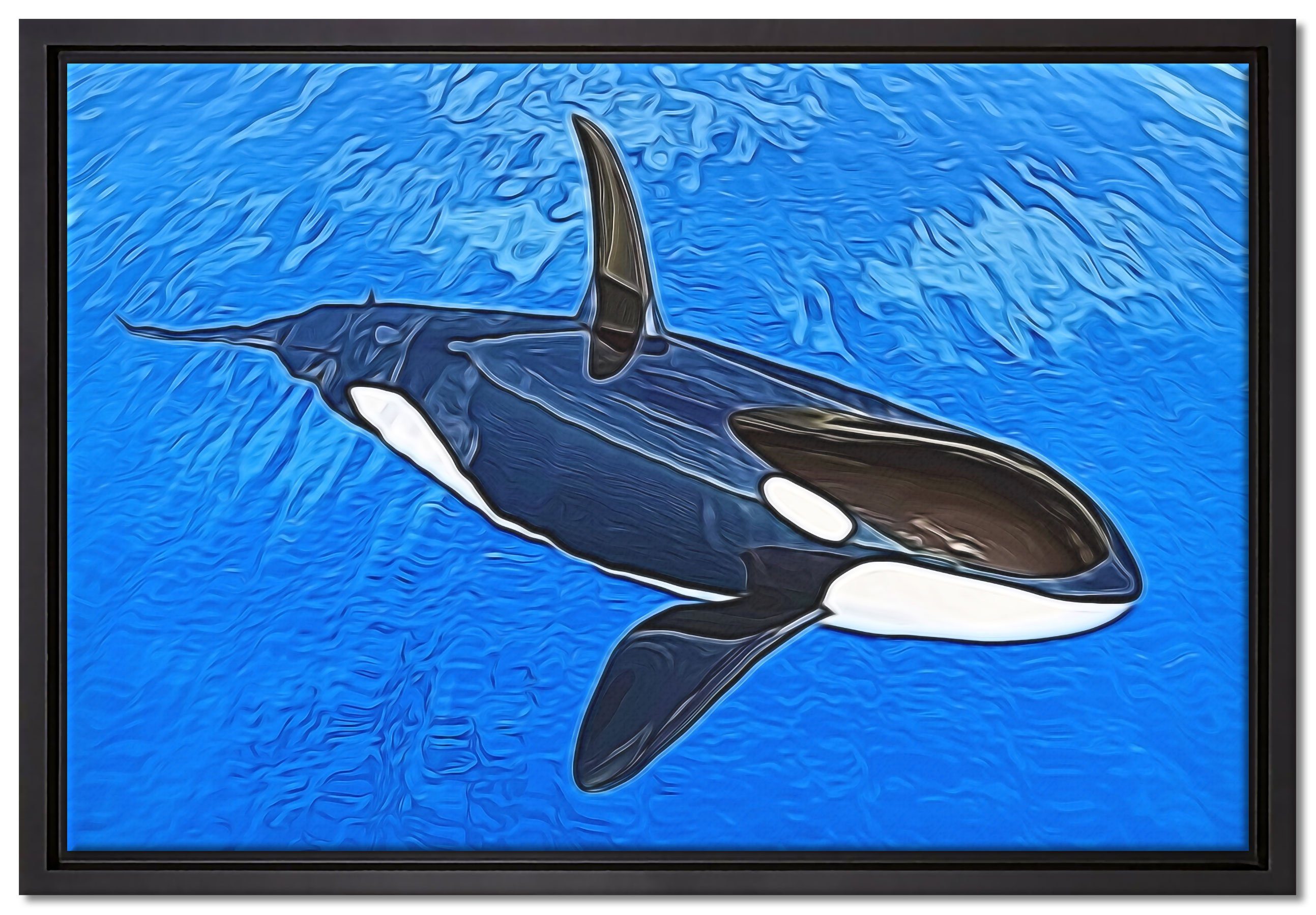 Pixxprint Leinwandbild Orca im blauen Meer, Wanddekoration (1 St), Leinwandbild fertig bespannt, in einem Schattenfugen-Bilderrahmen gefasst, inkl. Zackenaufhänger