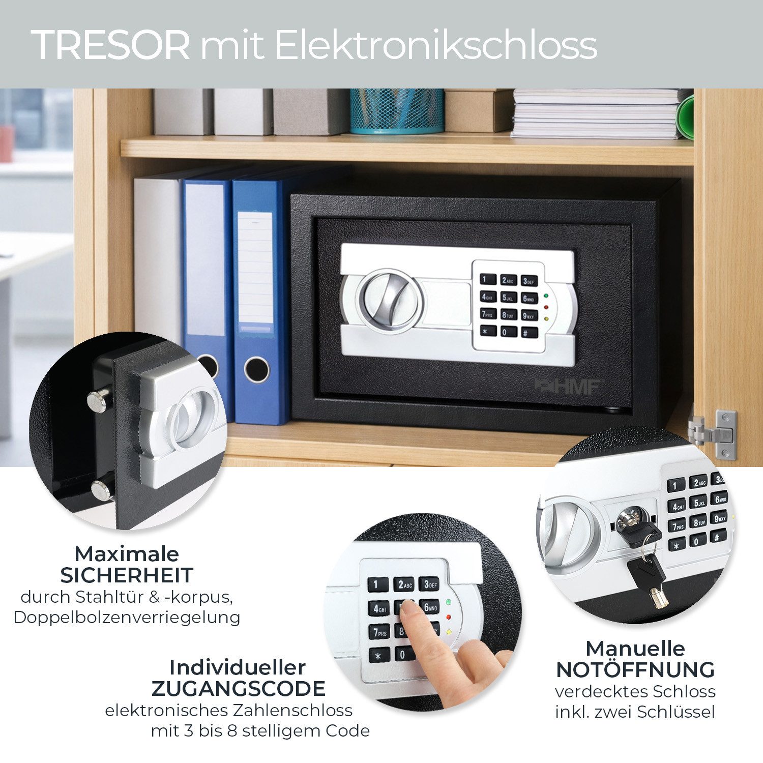 HMF Möbeltresor Safe Tresor für Zuhause Hotel oder Büro Möbeltresor mit Zahlenschloss, für DIN A5 Dokumente, 31 x 20 x 20 cm, Schwarz – Bild 2 von 5