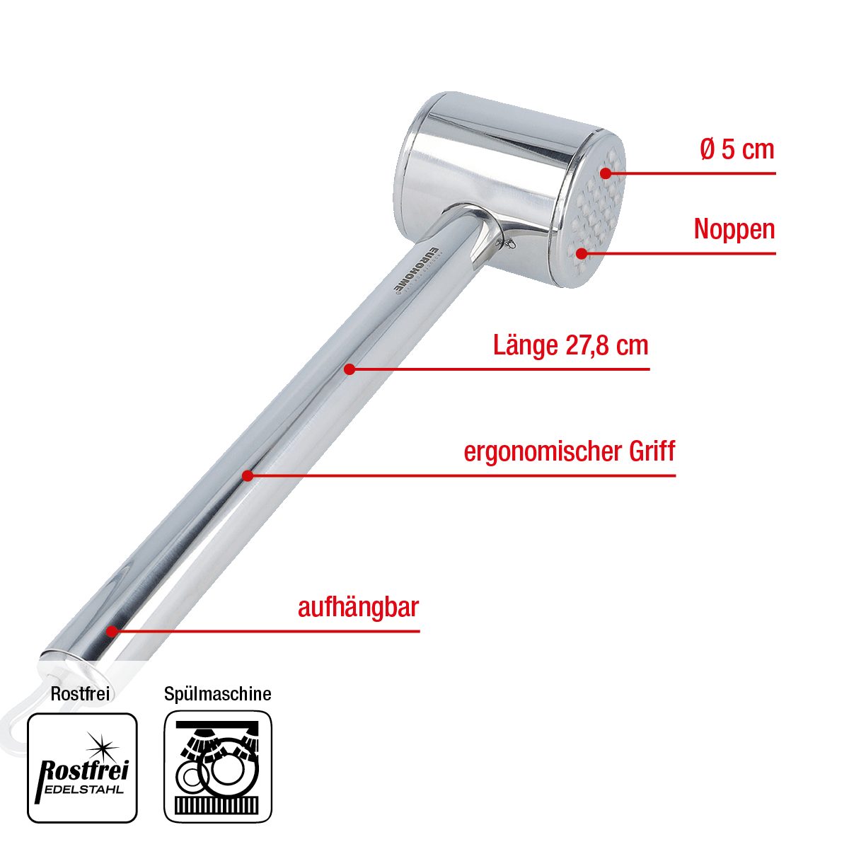 EUROHOME Fleischtopf Schnitzelklopfer Edelstahl Fleischplattierer - spülmaschinengeeignet, Edelstahl (1-tlg., Fleischklopfer 27,8 cm), Hammer für Schnitzel und Steak - Küchenhelfer
