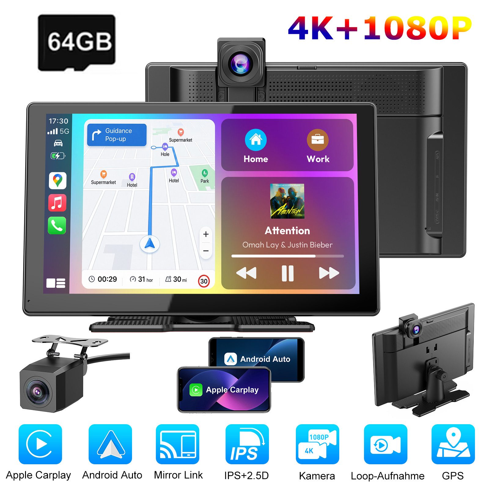 ESSGOO 9‑Zoll‑4K‑Autoradio, Wireless CarPlay/Android Auto, DVR, FM Navigationsgerät (Carplay Android Auto Bluetooth USB GPS Navi WIFI Touchscreen)