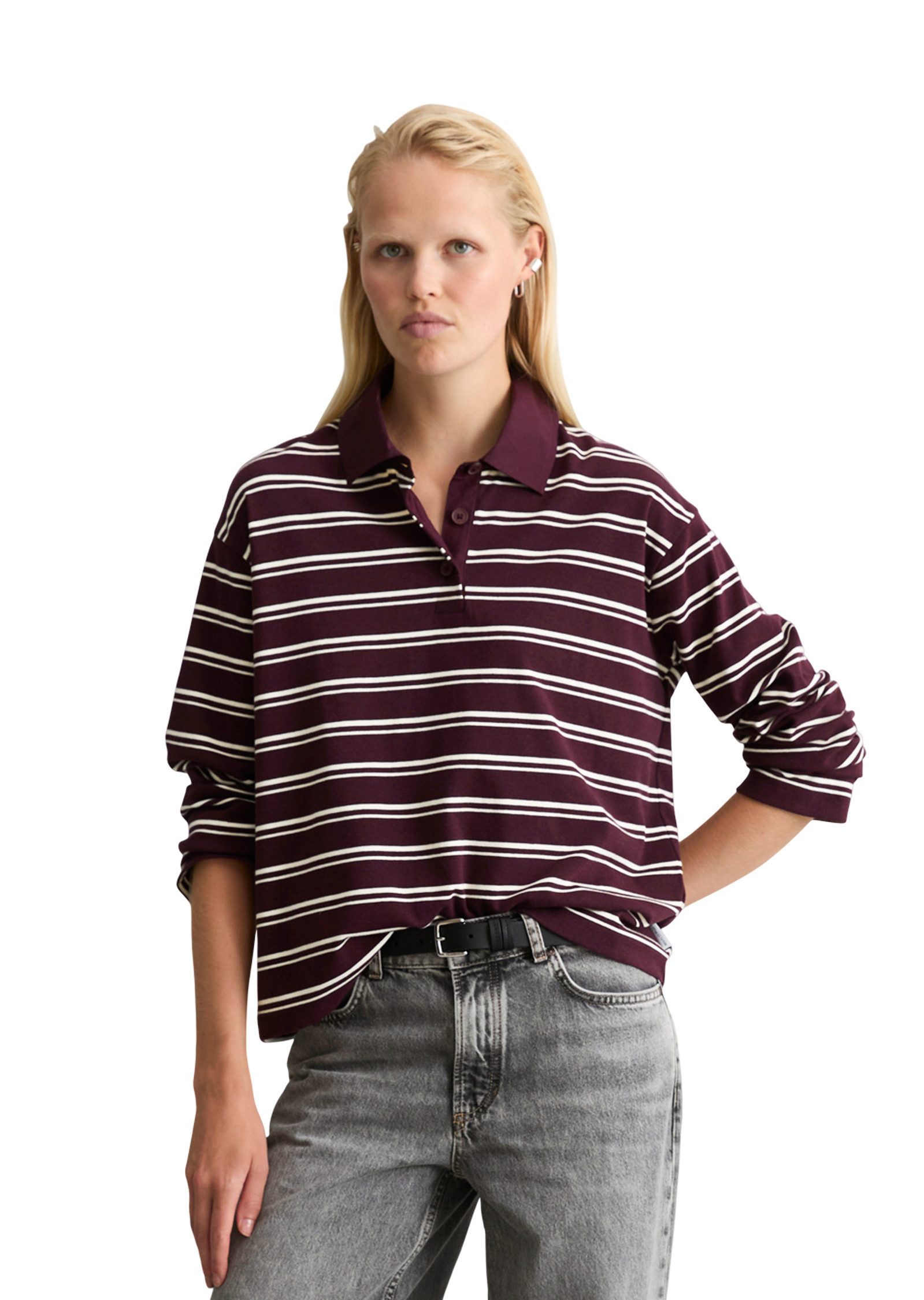 Marc O'Polo DENIM Langarm-Poloshirt aus gestreiftem Heavy Jersey