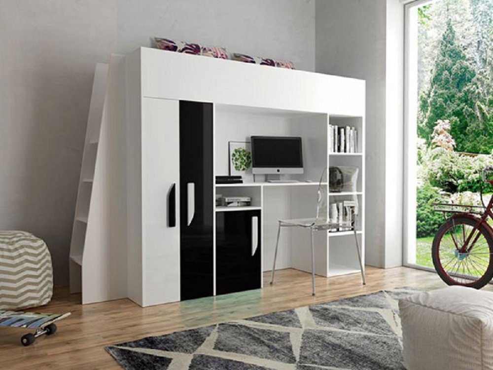 Feldmann-Wohnen Hochbett PARTY (Etagenbett, mit Schrank und Schreibtisch) Farbe wählbar weiß / schwarz Hochglanz - Griffe weiß / schwarz