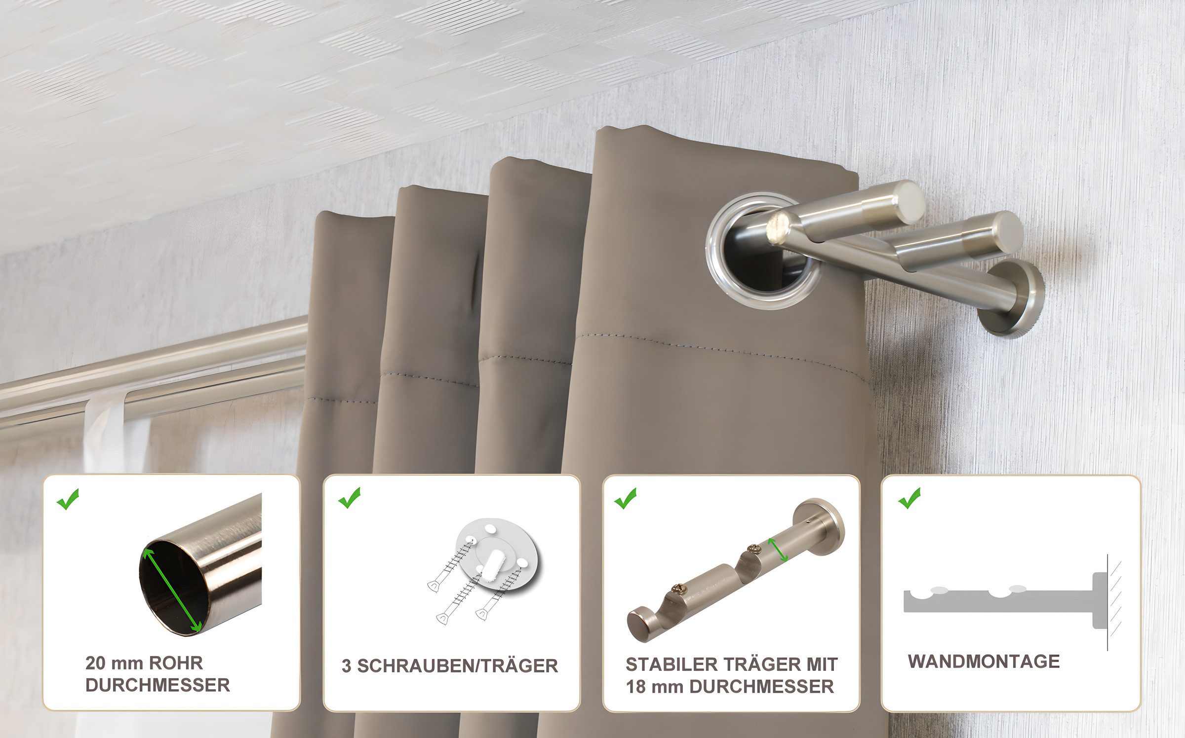 iso-design Gardinenstange 20 mm 2-läufig Farbe Edelstahl Endstück Kappe zur günstig online kaufen