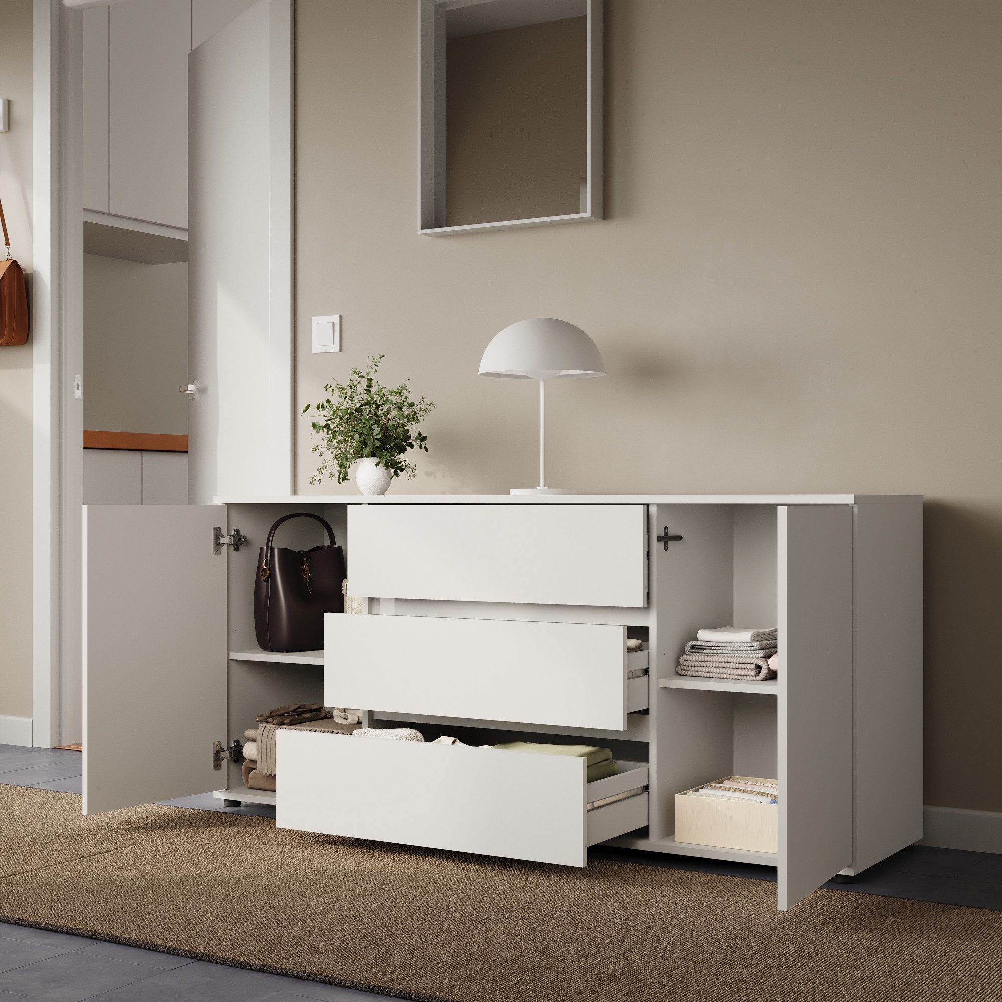 Home Collective Kommode Sideboard Kommode mit Schubladen Sideboard Wohnzimmer Anrichte (Sideboard Wohnzimmer Flur Kommode, modernes, griffloses Design), mit 2 Türen und 3 Schubladen, 150 x 40 x 70 cm Weiß