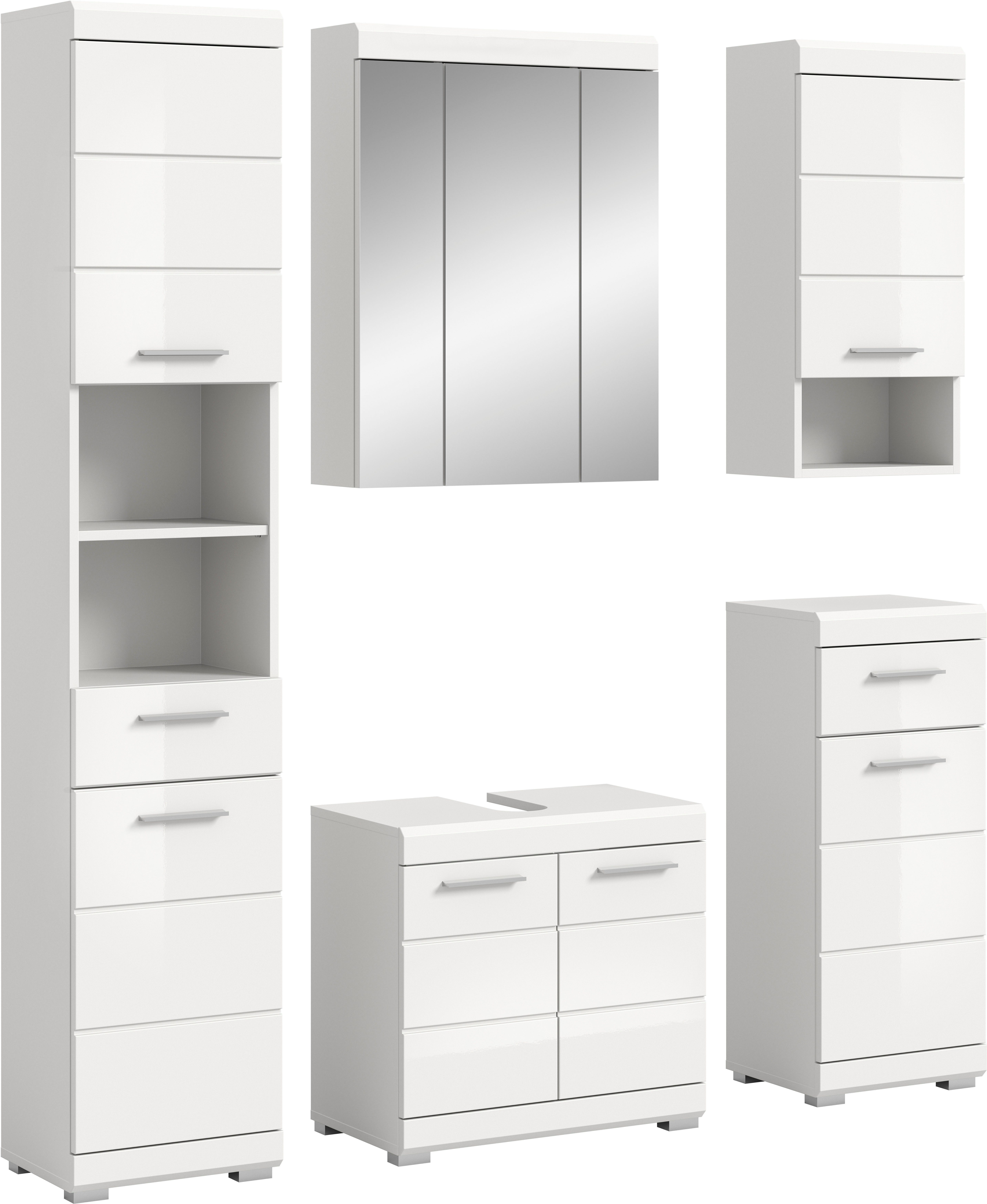 welltime Badmöbel-Set SIENA, 5 teilig, bestehend aus:, (Set, 5-St., TOPSELLER), Hochschrank, WBU, Spiegelschrank, Unterschrank, Hängeschrank