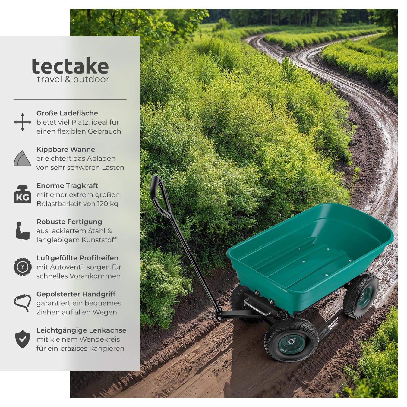 tectake Bollerwagen Handwagen Cubbi mit luftgefüllten Reifen Belastbarkeit 120kg (1 Transportwagen, 1-tlg., 52L Volumen in Grün), mit Kippfunktion