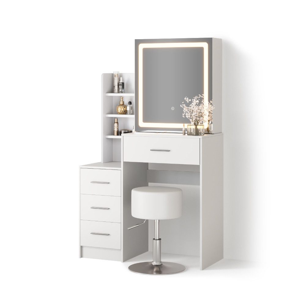 Livinity® Schminktisch Monza, Weiß, mit LED-Spiegel und Hocker (2-St)