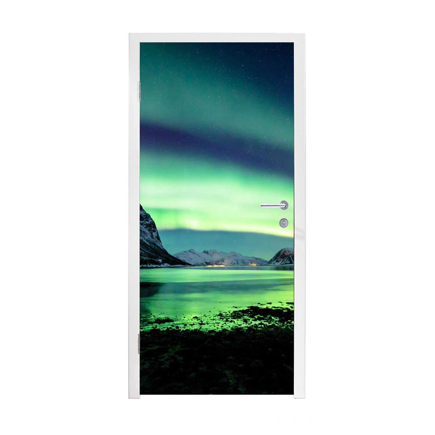 MuchoWow Türtapete Nordlicht - Norwegen - Eis - Gelb - Berg - Wasser - Schnee, Matt, bedruckt, (1 St), Selbstklebende Tapete, Folie für Möbel, 75x205 cm