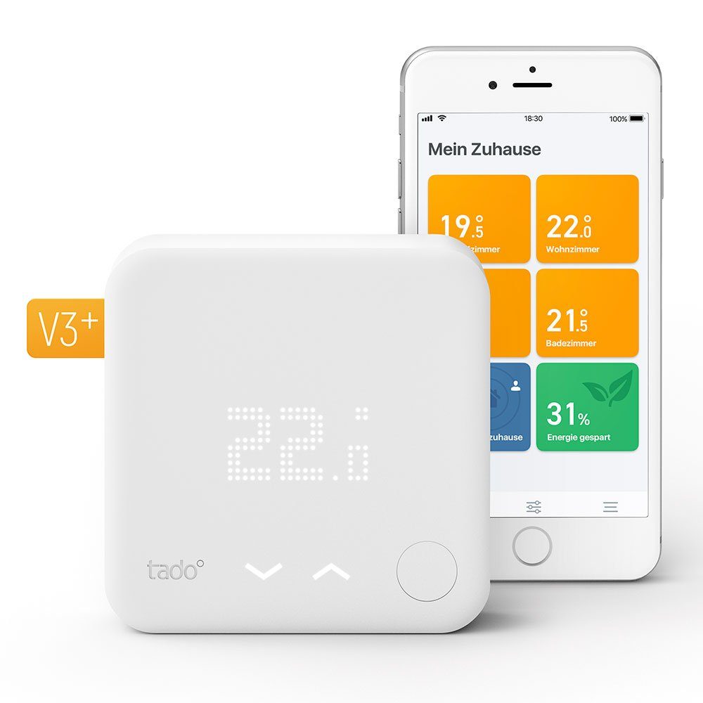 Tado + für V3+ (1 weiß Kit Starter Heizthermen St) Smartes FBH, - Heizkörperthermostat Thermostat (Verkabelt)