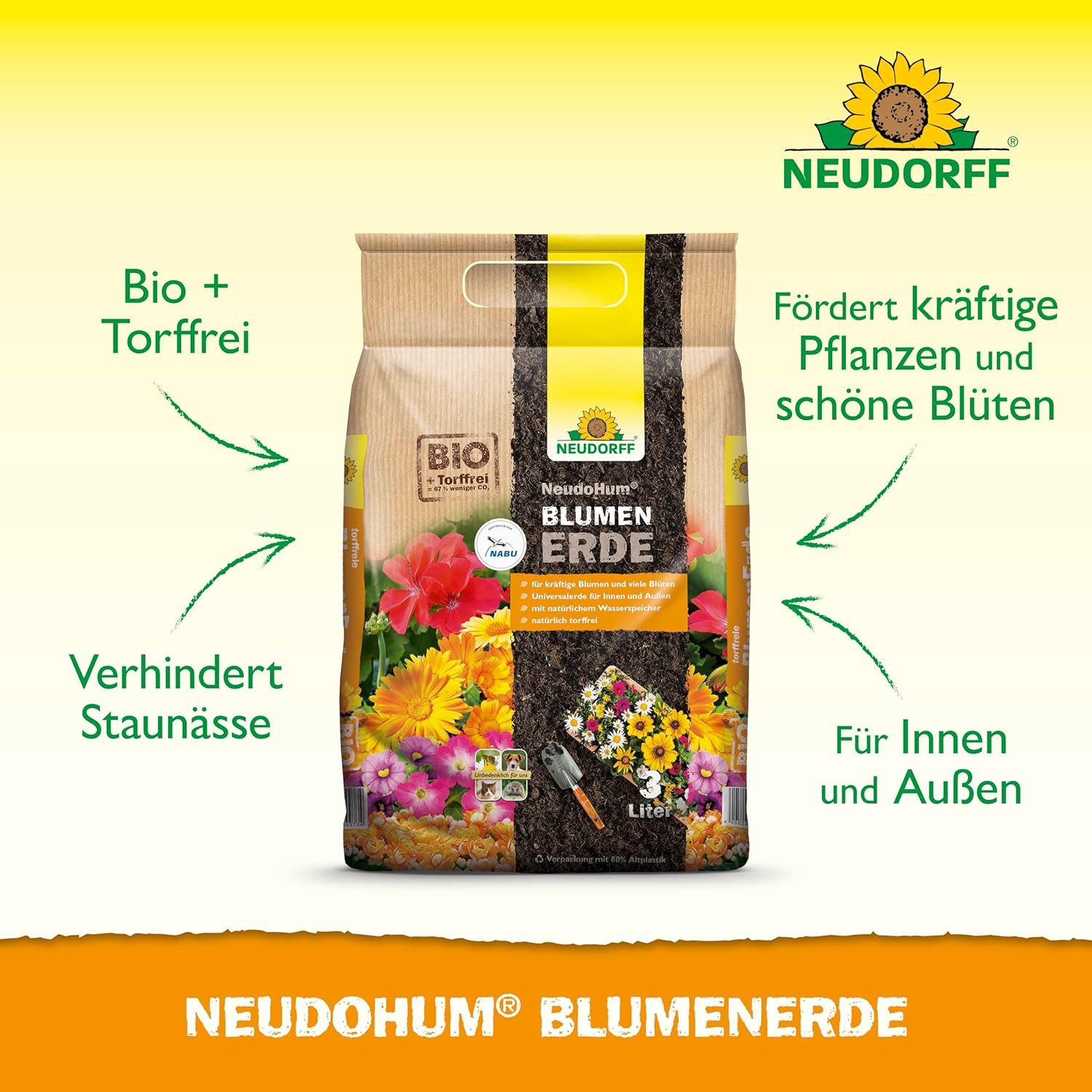 Neudorff Blumenerde NeudoHum Bio BlumenErde 3 Liter, mit Organischer Dünger, (Einzelartikel), Torffreie Blumenerde für Zimmer-, Balkon- und Gartenpflanzen.