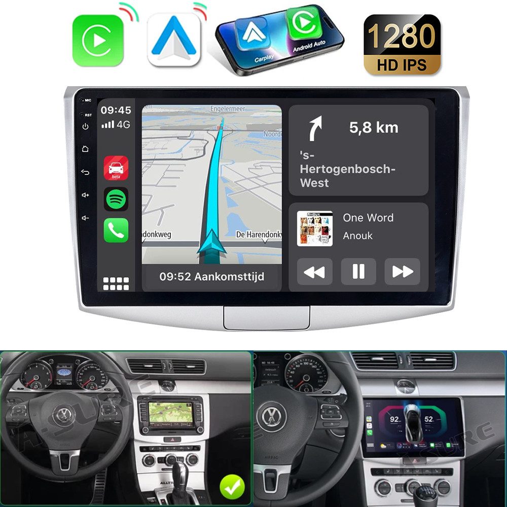 A-Sure Android 15 Carplay Navi DSP Für VW Passat B6 B7 CC 2010-2015 Autoradio (DSP, RDS, BT, 8Core, Digitalradio (DAB), FM, AM, WIFI, 4Core)
