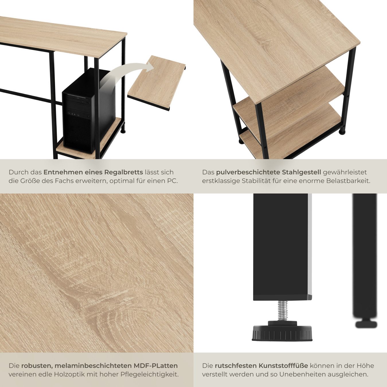 tectake Schreibtisch Arbeitstisch mit höhenverstellbaren Kunststofffüßen, 140 x 60 x (Computertisch Donegal, 1-St., in Industrial Holz hell, Eiche Sonoma), Seit – Bild 4 von 5