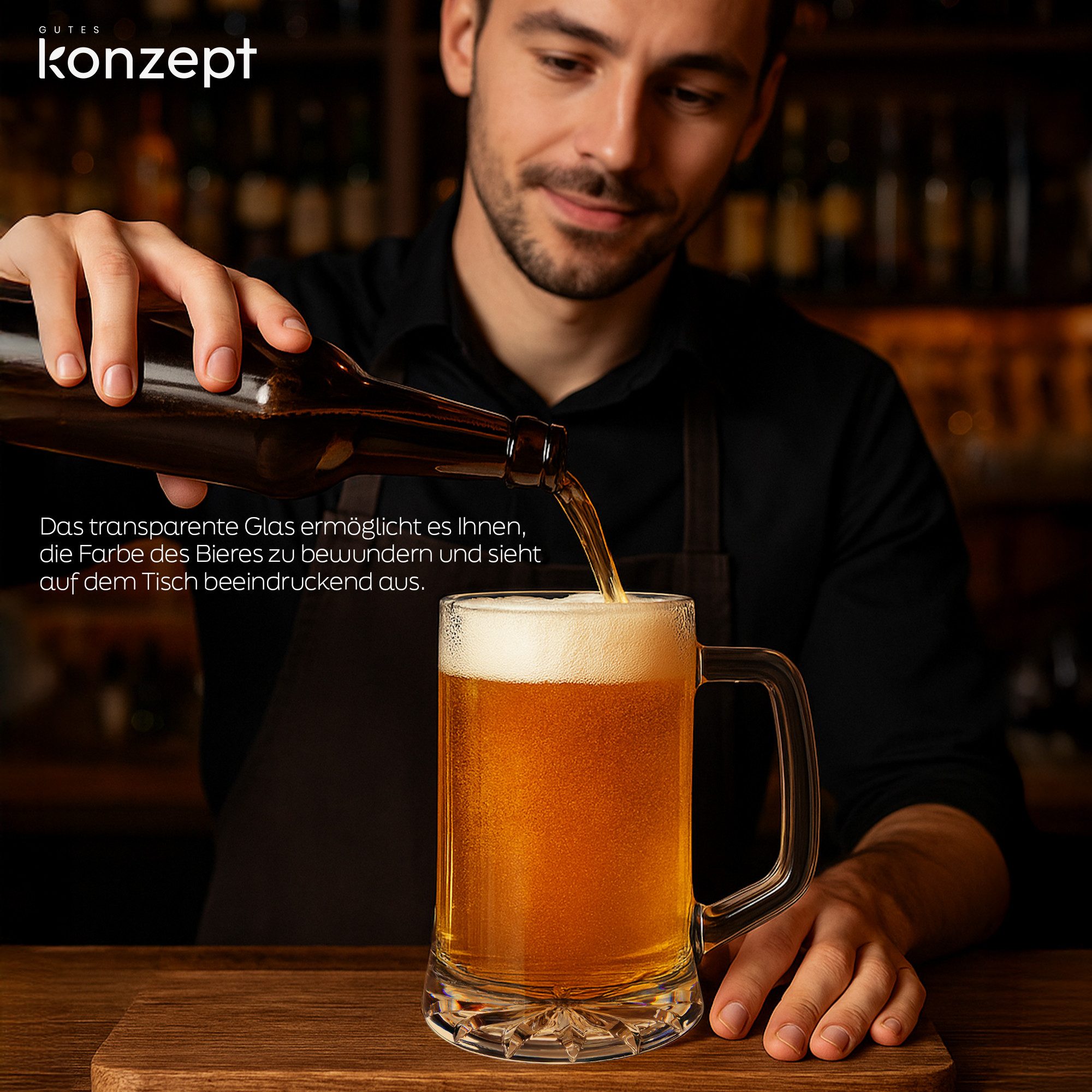 KONZEPT Bierkrug 0,5 Liter – Biergläser mit Henkel & verstärktem Boden, 1-tlg., spülmaschinenfest