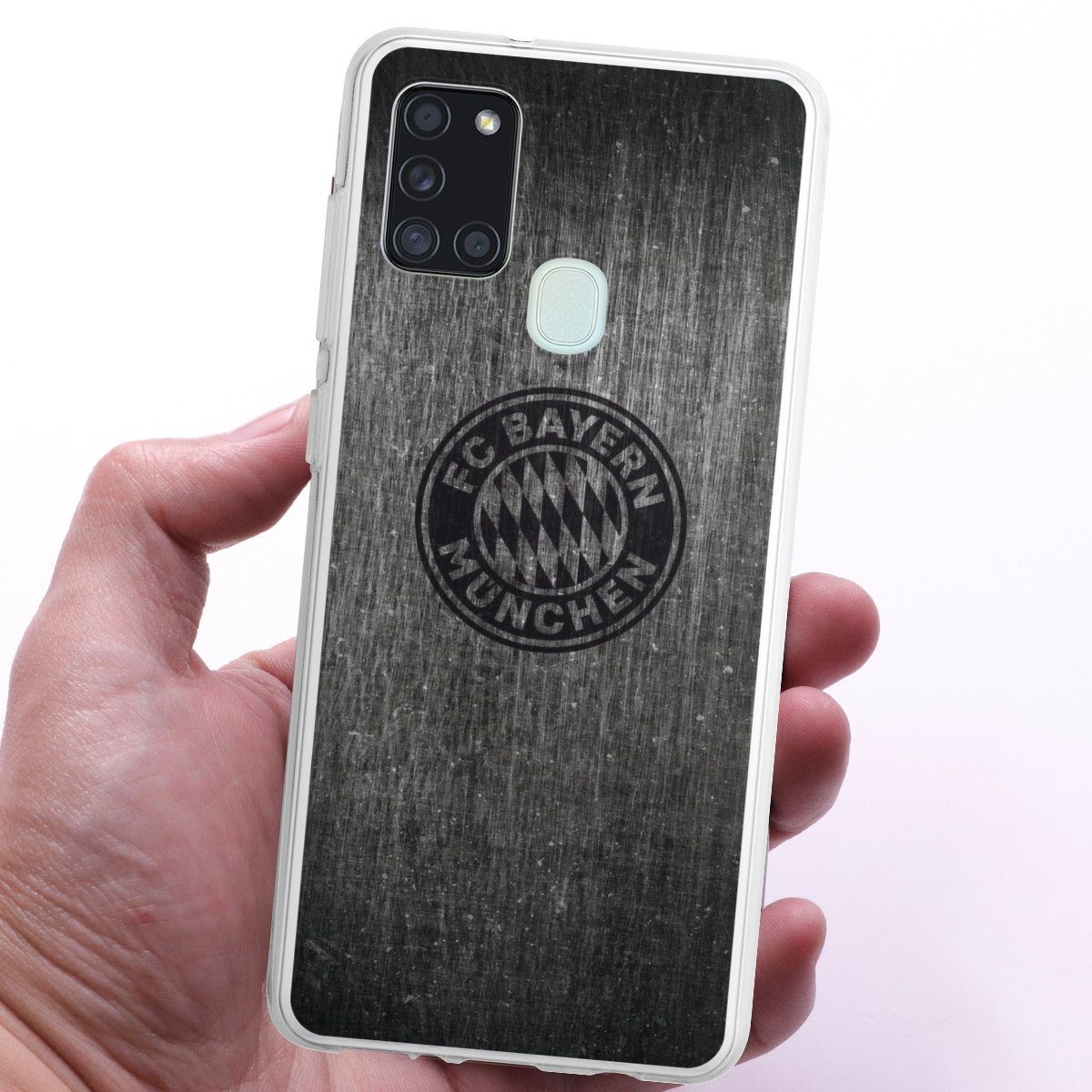 DeinDesign Handyhülle Metallic Look FCB FC Bayern München Metalllook FCB Logo einfarbig, Samsung Galaxy A21s Silikon Hülle Bumper Case Handy Schutzhülle