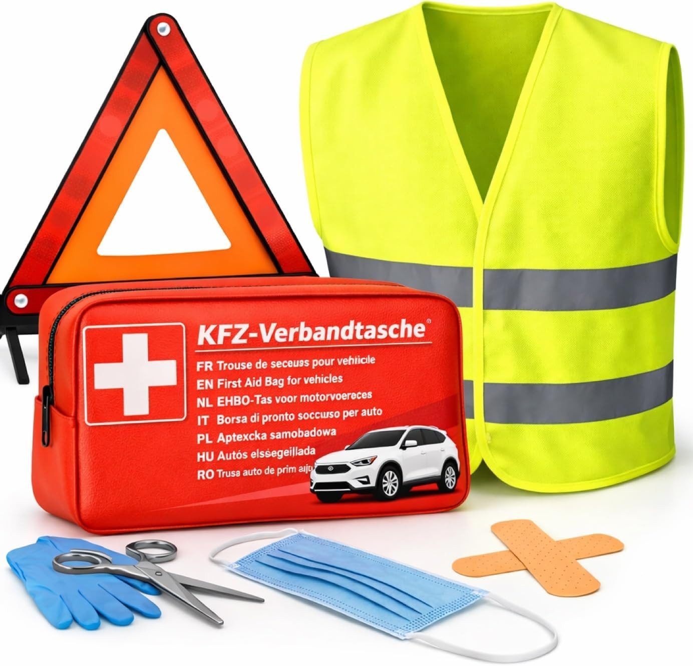 POWR Car Erste-Hilfe-Set 3 in 1 Set Erste Hilfe - KFZ-Verbandskasten, Warnweste, Warndreieck, (Set, 1 St), DIN 13157:2021