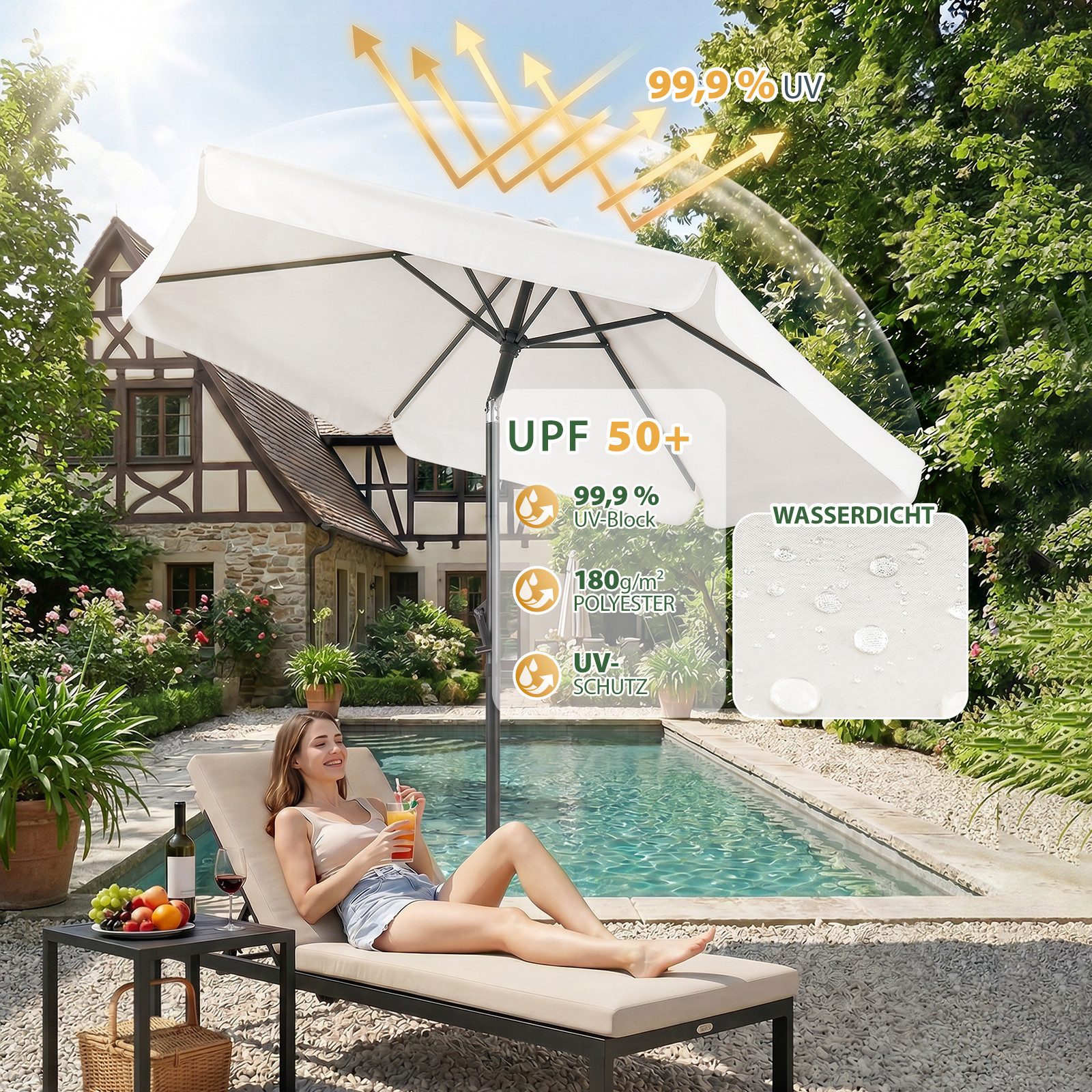Sekey Sonnenschirm 200 cm Gartenschirm Rund Marktschirm Knickbar mit Kurbel, LxB: 200x200 cm, mit Überhang, Windstabil & neigbar, ideal für Balkon, Garten, UV 50+